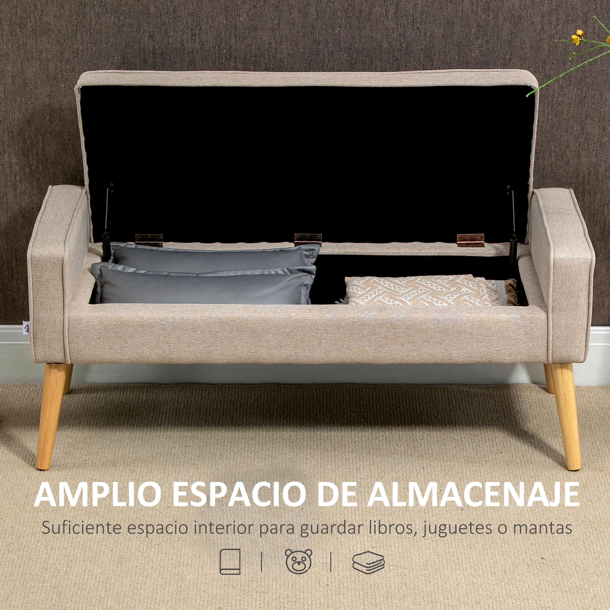 HOMCOM Puff Almacenaje Banco Almacenaje Tapizado en Lino Sintético con Tapa Abatible y Patas de Madera para Dormitorio Salón Entrada Carga 120 kg 120x45x54 cm Beige