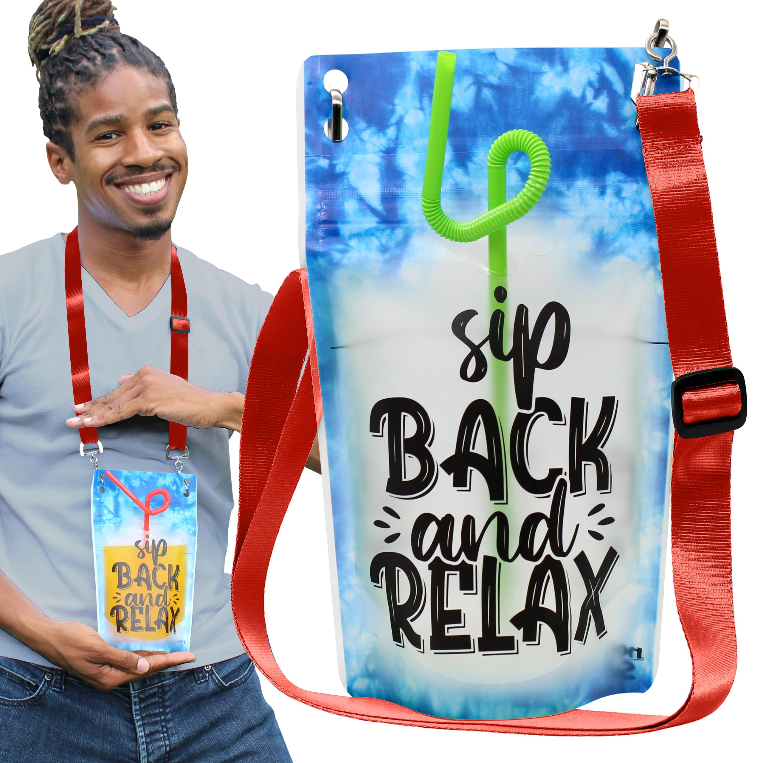 NeckSip Sip Back Relax Wearable Drink Pouches (12oz, 2pk, Lanyards Red) Ideal for Summer Music Festivals, Tropical Vacations, Beach Parties, Outdoor