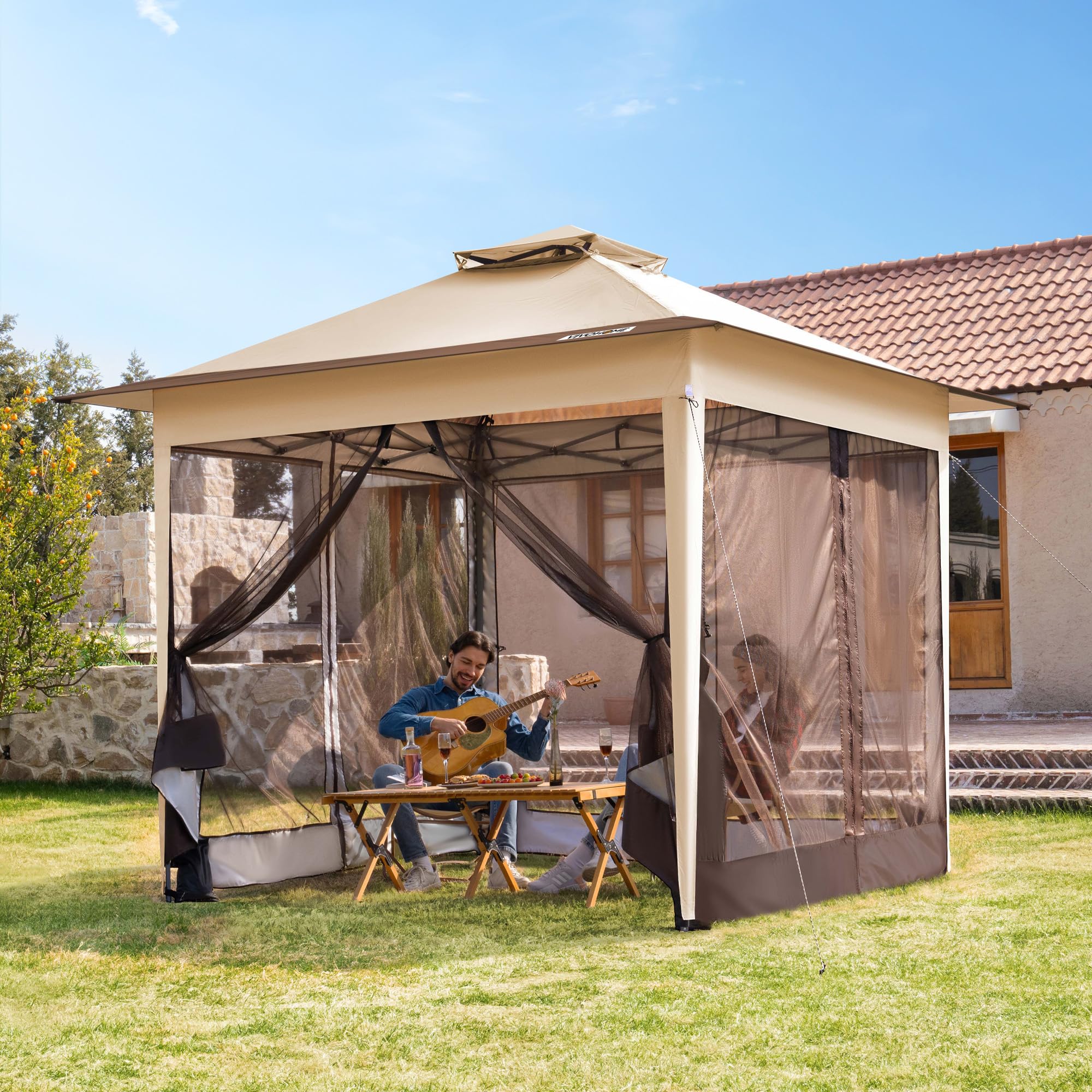 VIVOHOME Pavillon 3 x 3 m Zelt für Außenbereich wasserdicht mit Moskitonetz tragbare Rolltasche für Hof Camping Picknick Partys und Veranstaltungen