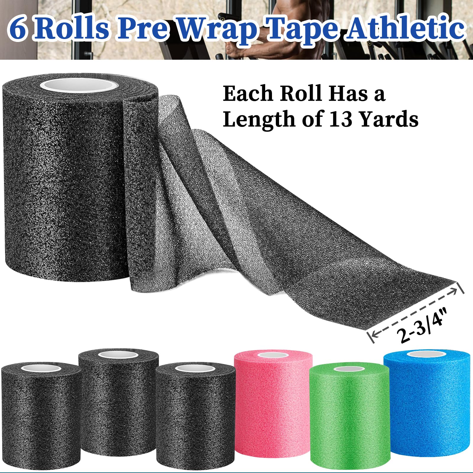 6 rollos de 234 pies de largo, cinta preenvolvente atlética multicolor, preenvoltura deportiva de espuma, negro, rosa, azul, verde