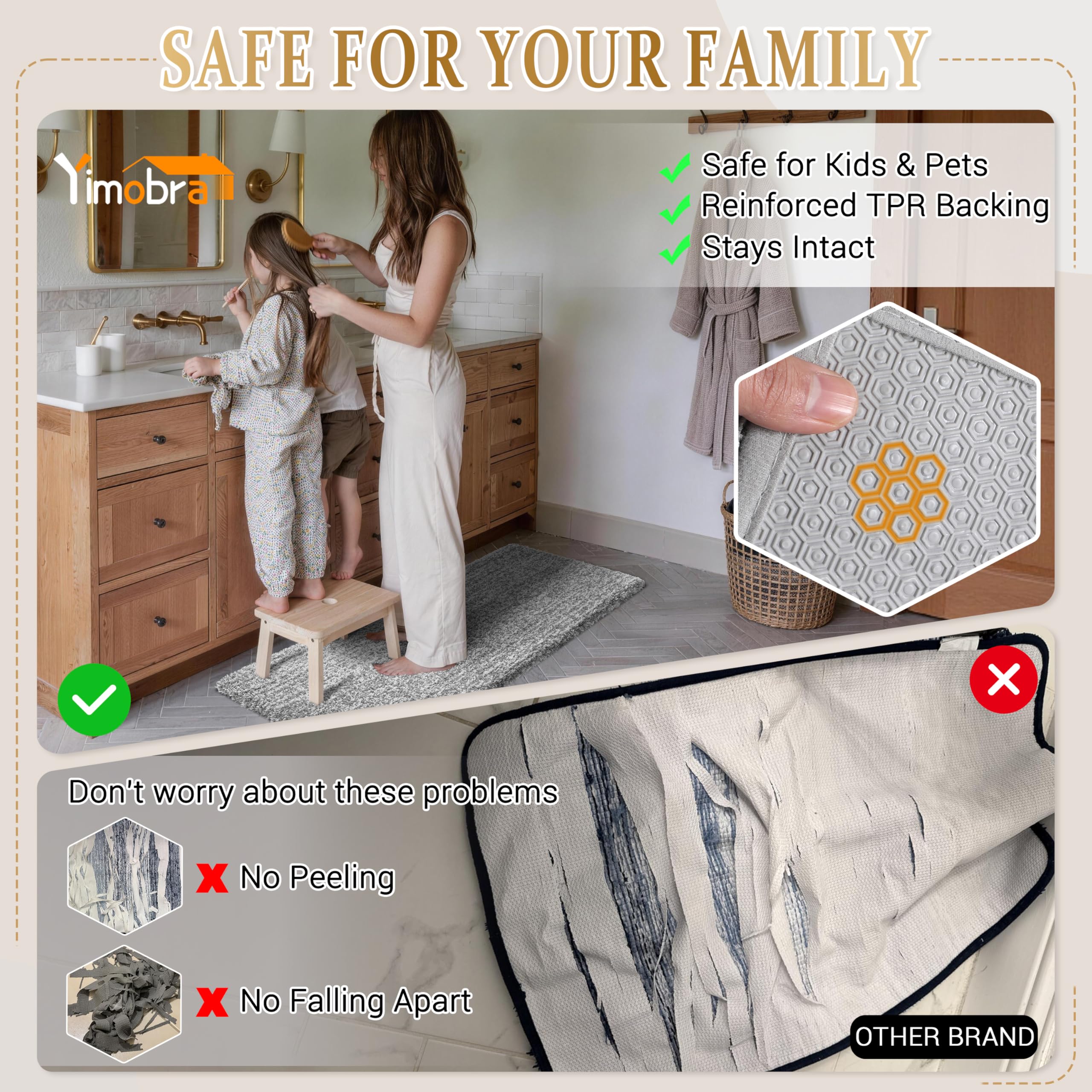 Light Gray and White Non Slip Washable Bathroom Rug D627