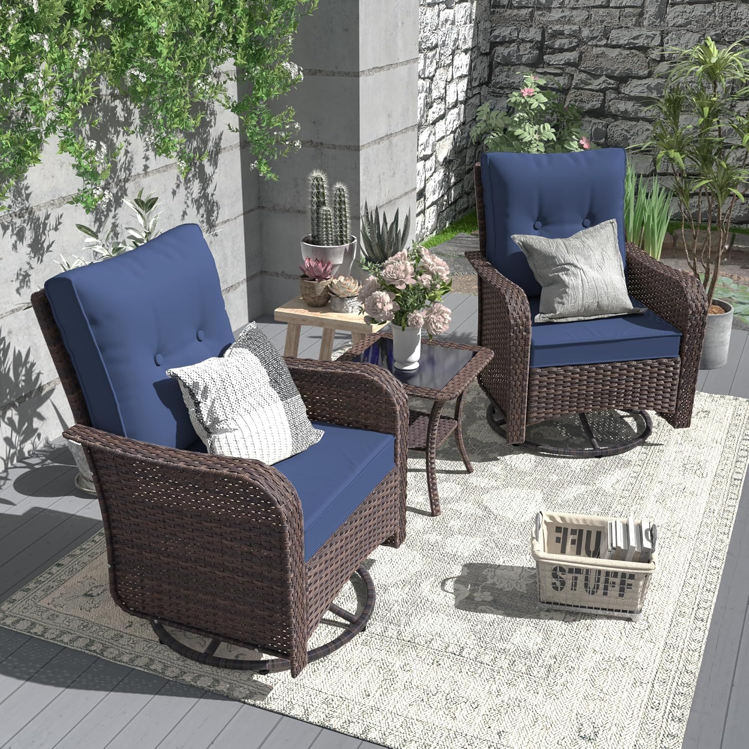 ALAULM 12 Pieces Patio Furniture Set with 2 Swivel Chairs Wicker Patio Conversation Set, Outdoor Sectional Furniture w/Coffee Table & Washable Seat Cushions-Dark Blue