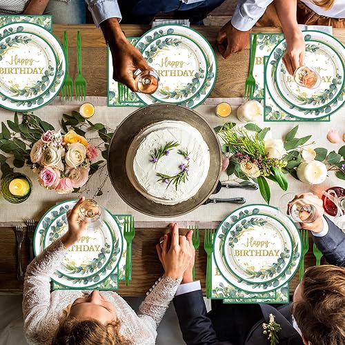 Miniatura 6 de Juego de vajilla de 96 piezas con temática de eucalipto para fiestas temáticas de cumpleaños, decoración de fiesta de cumpleaños de hojas verdes,