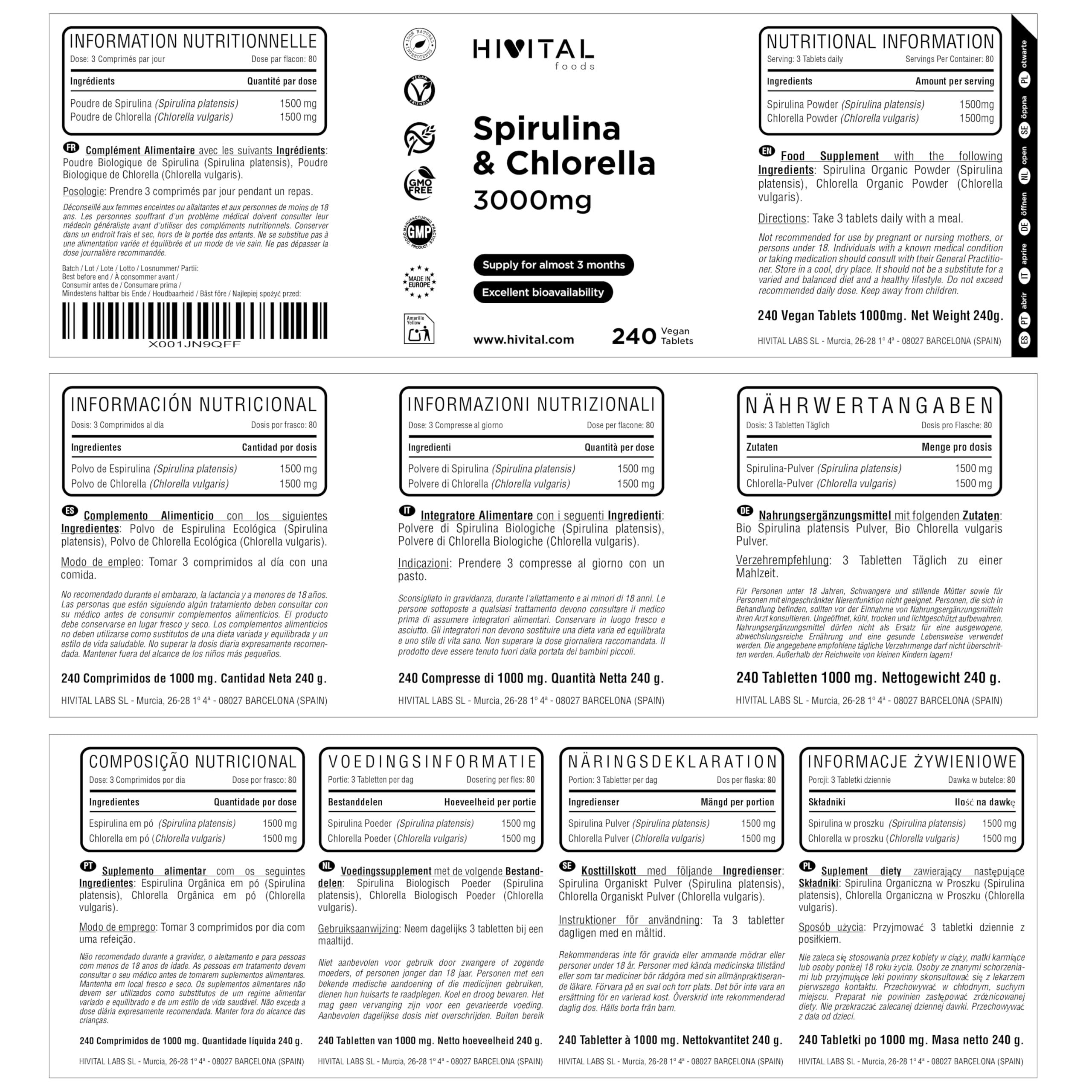 Spiruline et Chlorella 3000 mg. 240 comprimés végétaliens depuis près de 3 mois de traitement. Protéines naturelles issues des algues Spiruline et Chlorella. Fabriqué en Europe par HIVITAL
