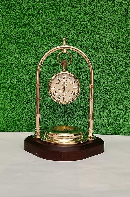 SOHRAB NAUTICALS Hanging Clock Ship Table Clock Brass Desk Clock Maritime Brass Compass with Antique Victoria London Pocket Watch Finish Antique Wooden Bottom Watch with Compass