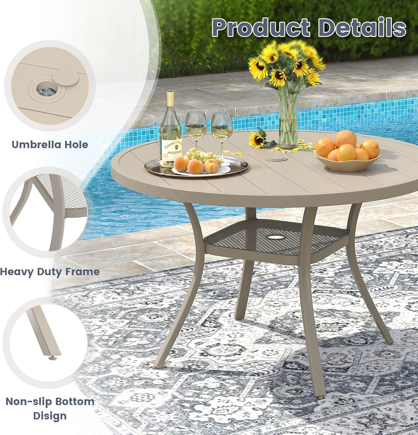 VICLLAX Round Patio Dining Table for 4-6, Outdoor Metal Dining Table with Umbrella Hole for Deck Lawn Garden Backyard, 47.2" Sandshell
