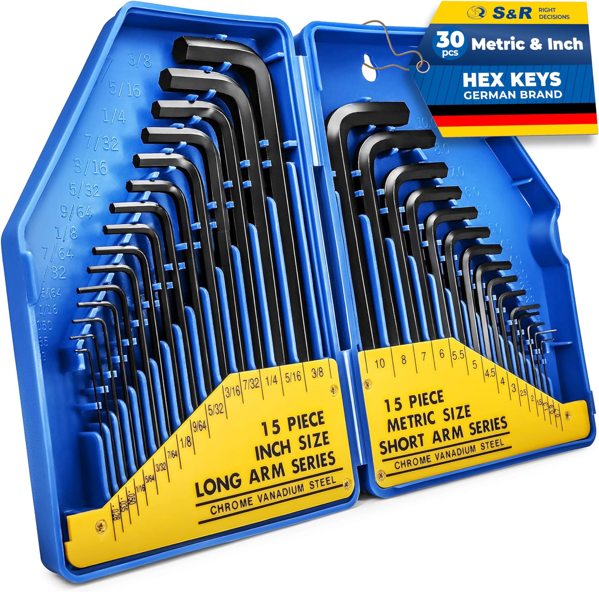 S&R Hexagonal Key Set (30 pcs.) Metric & Imperial - 0.7-10 mm & 0.028 to 3/8 inch, Allen hex Keys in Plastic Box, Short and Long