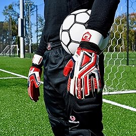 Renegade GK Fury Inferno Goalie Gloves with Pro-Tek Fingersaves | 4mm Giga Grip & 4mm Duratek | Red, White, Black Goal Keeper Gloves (Size 10, Adult, Roll Cut, Level 4)
