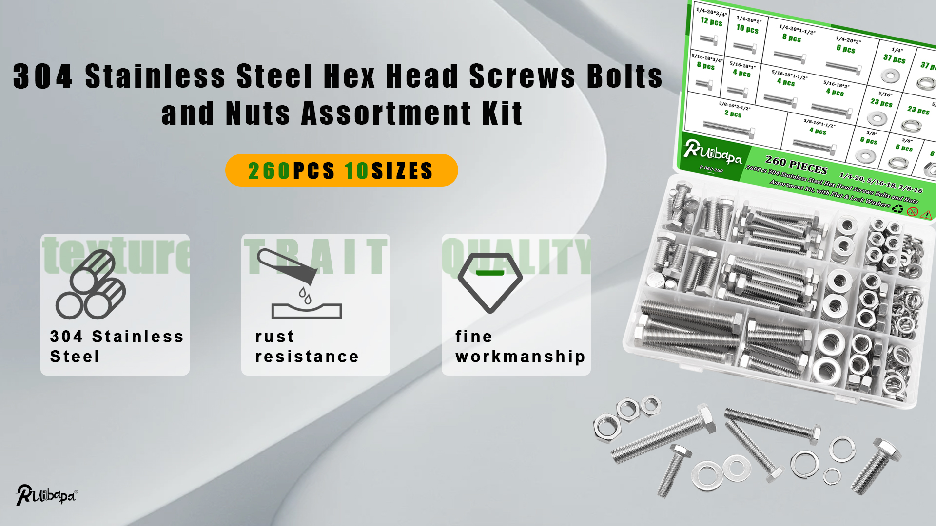 Image of 260Pcs Stainless Steel Hex Head Screws Bolts and Nuts Assortment Kit, with Flat & Lock Washers,1 /4-20, 5 /16-18, 3 /8-16 Assorted Hex Bolts Nuts and Washers Set, 18-8(304) Full Thread with Case