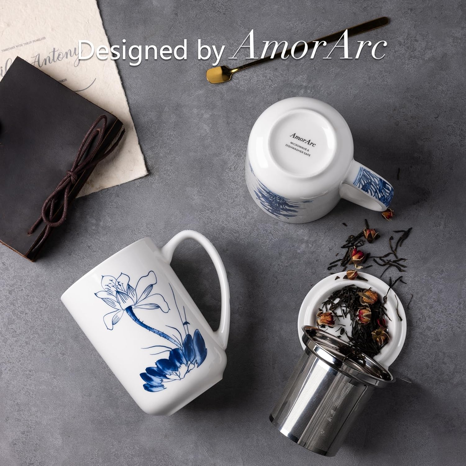 AmorArc Porcelain Tea Mug with Infuser and Lids, 18 Oz Large Cup Strainer with Bag Holder for Loose Leaf Tea, Steeping Coffee Mug for House-warming Wedding Birthday Gift - Image 4