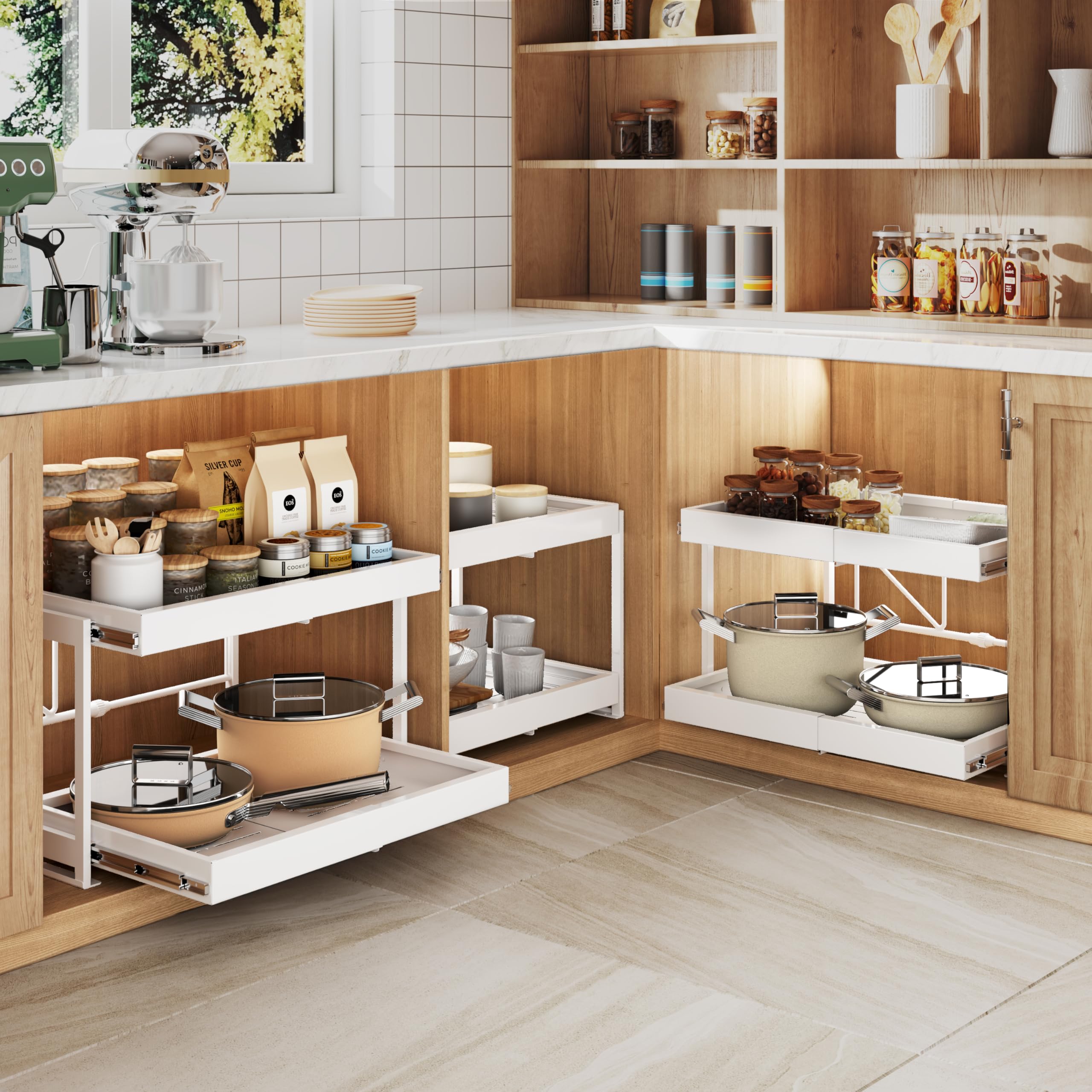 2-Stück Teleskopschublade, Ausziehbare Schublade Küche, Küchen Organizer, 32-52cm Verstellbare Breite, Ausziehbarer Schrank Organizer mit Kleber Organizer Ordnung ohne Bohren
