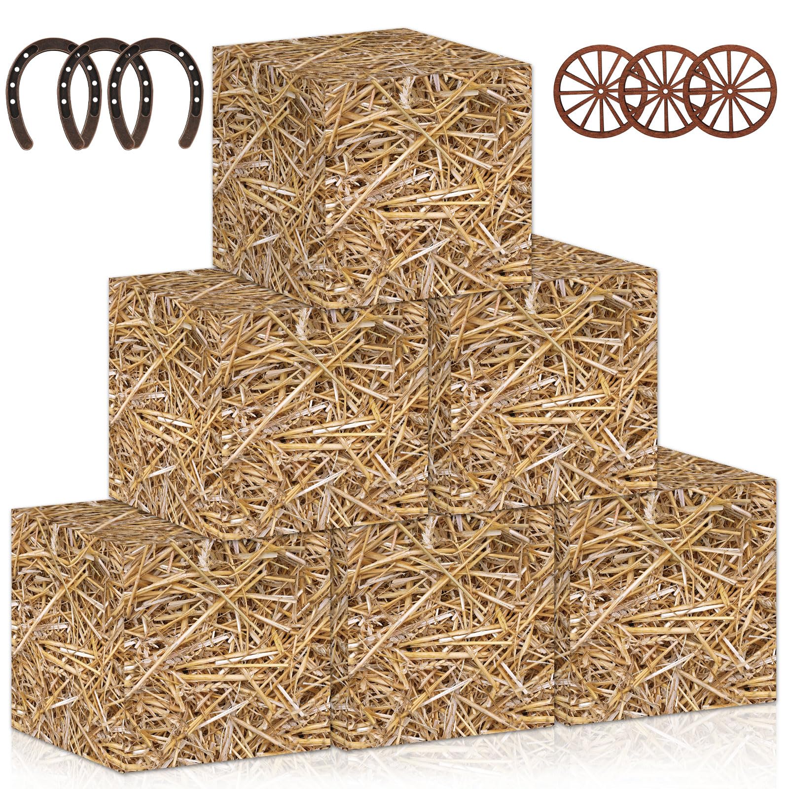 chiazllta 12Pcs Hay Bales Boxes Decor with Wooden Wagon Wheels and Horseshoe Western Cowboy Party Large Rodeo Farm Grain Straw Photo Booth Props Boxes for Western Cowboy Favors Supplies