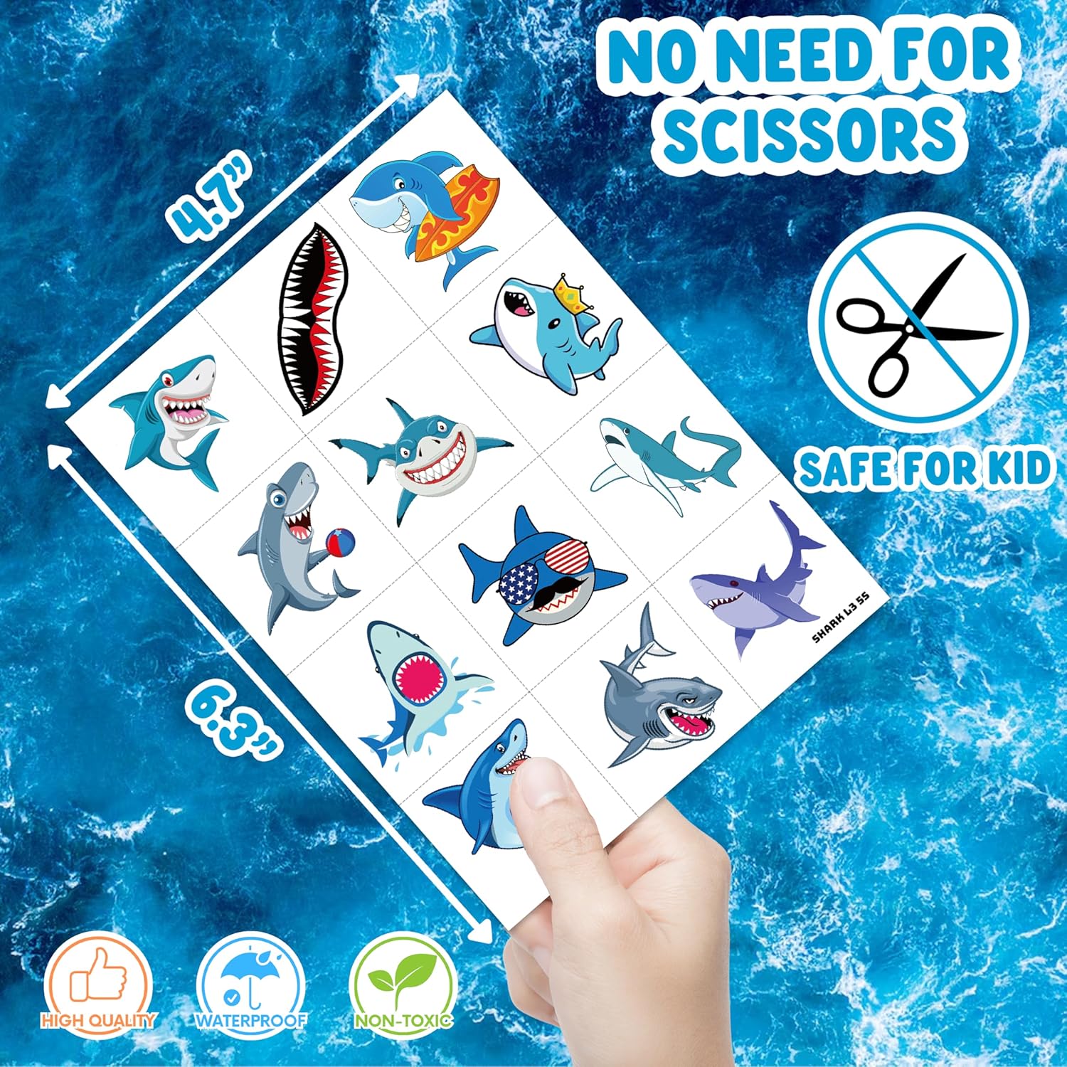 60 PCS Shark Pre-Cut Temporary Tattoos Sticker Sea Animal Fish Under The Sea Ocean Birthday Party Decorations Decor Favors Supplies Gifts Kids Boys Girls Cute Fake Tattoo School Reward Themed - Image 5