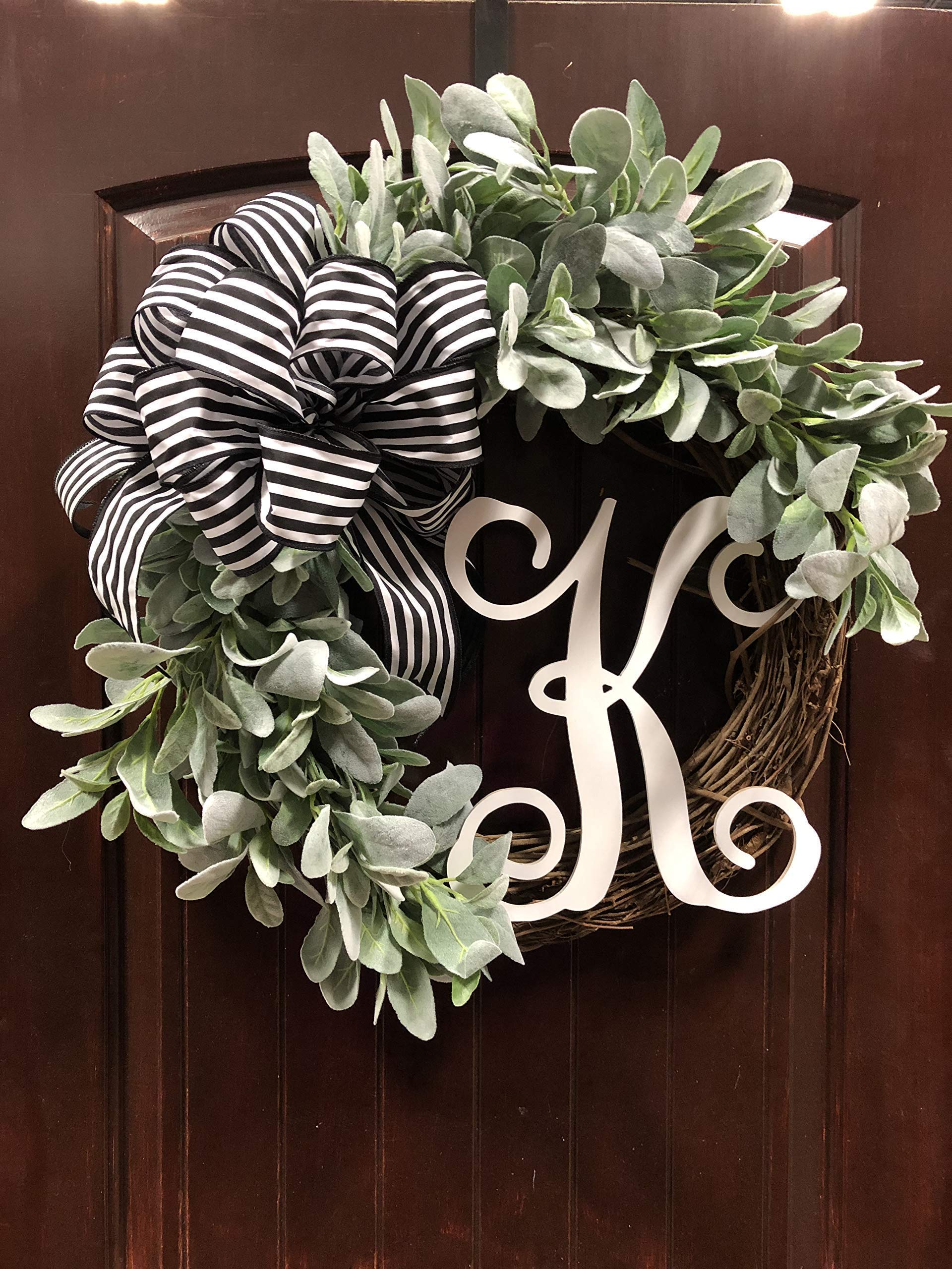 Lambs Ear Monogram Letter Wreath for Front Door Decor with Custom Hand-tied Bow-21-22