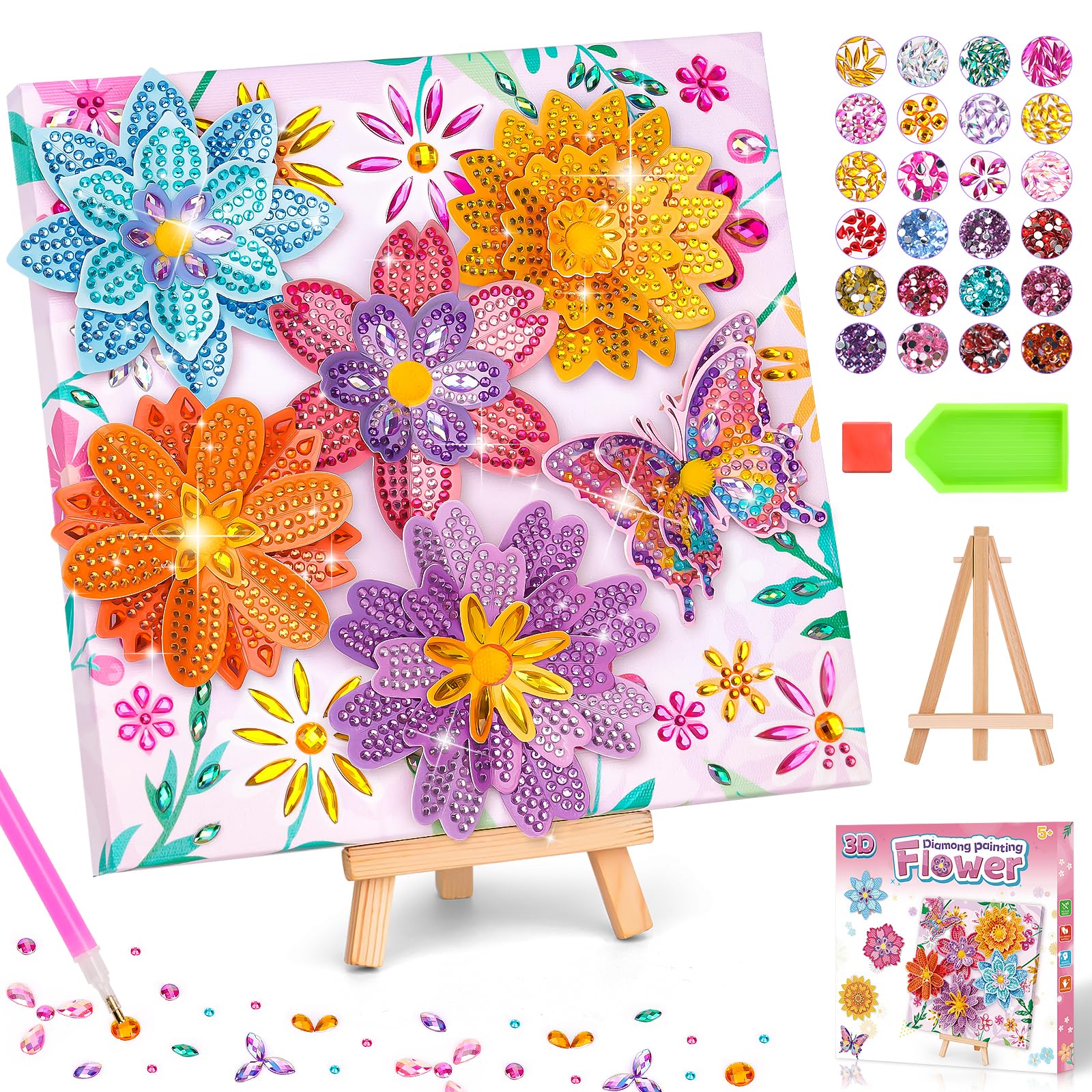 Geschenke für Mädchen 6 7 8 9 10 Jahre: Diamond Painting Kinder Blumen Basteln mit Leinwand, Bastelset Kinder ab 6 Jahre Kreatives Geburtstagsgeschenk Bastelkoffer Spielzeug ab 5-12 für Zimmerdeko