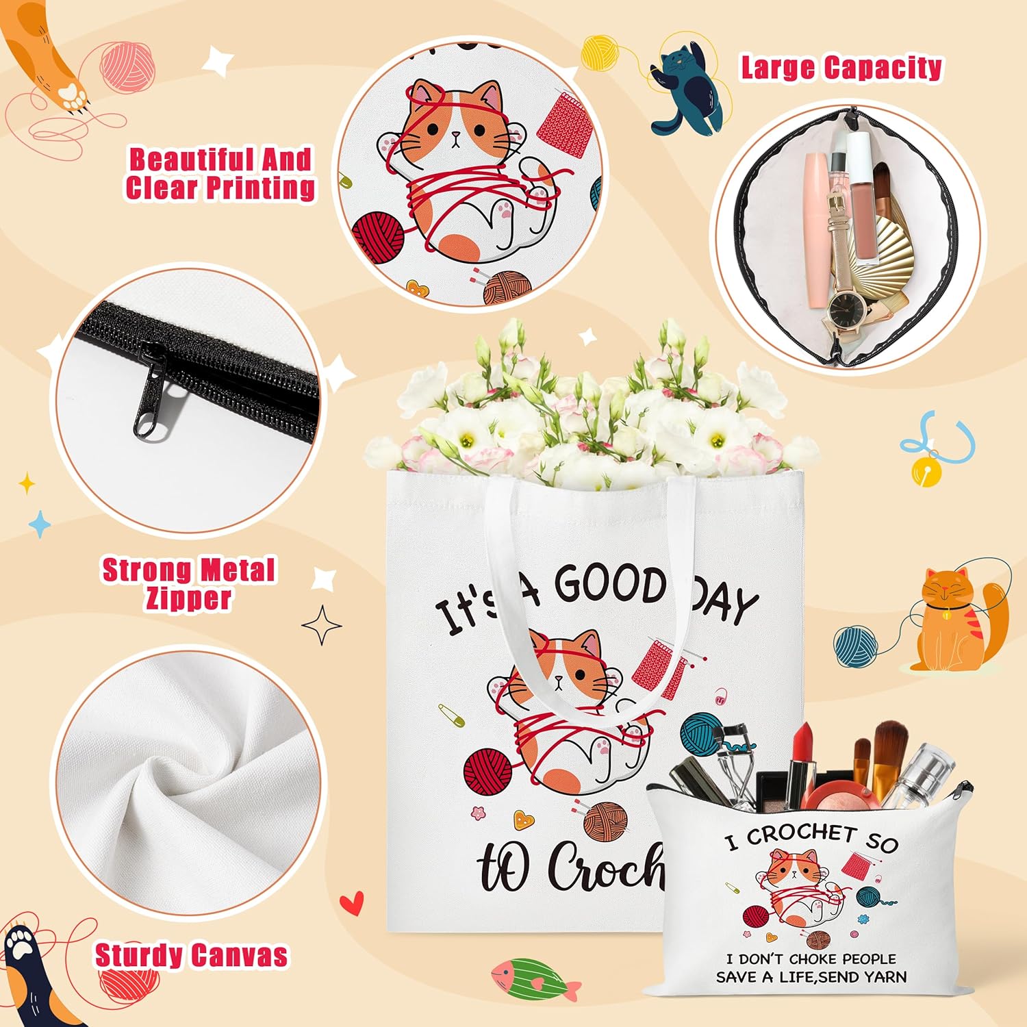 Y1tvei Cartoon Cat Canvas Bags - 2Pcs It’s A Good Day to Crochet Canvas Tote Bag Makeup Pouch, Reusable Grocery Folding Shopping Handbag, Knitting Crocheting Funny Gifts for Knitter Crocheters Women - Image 5