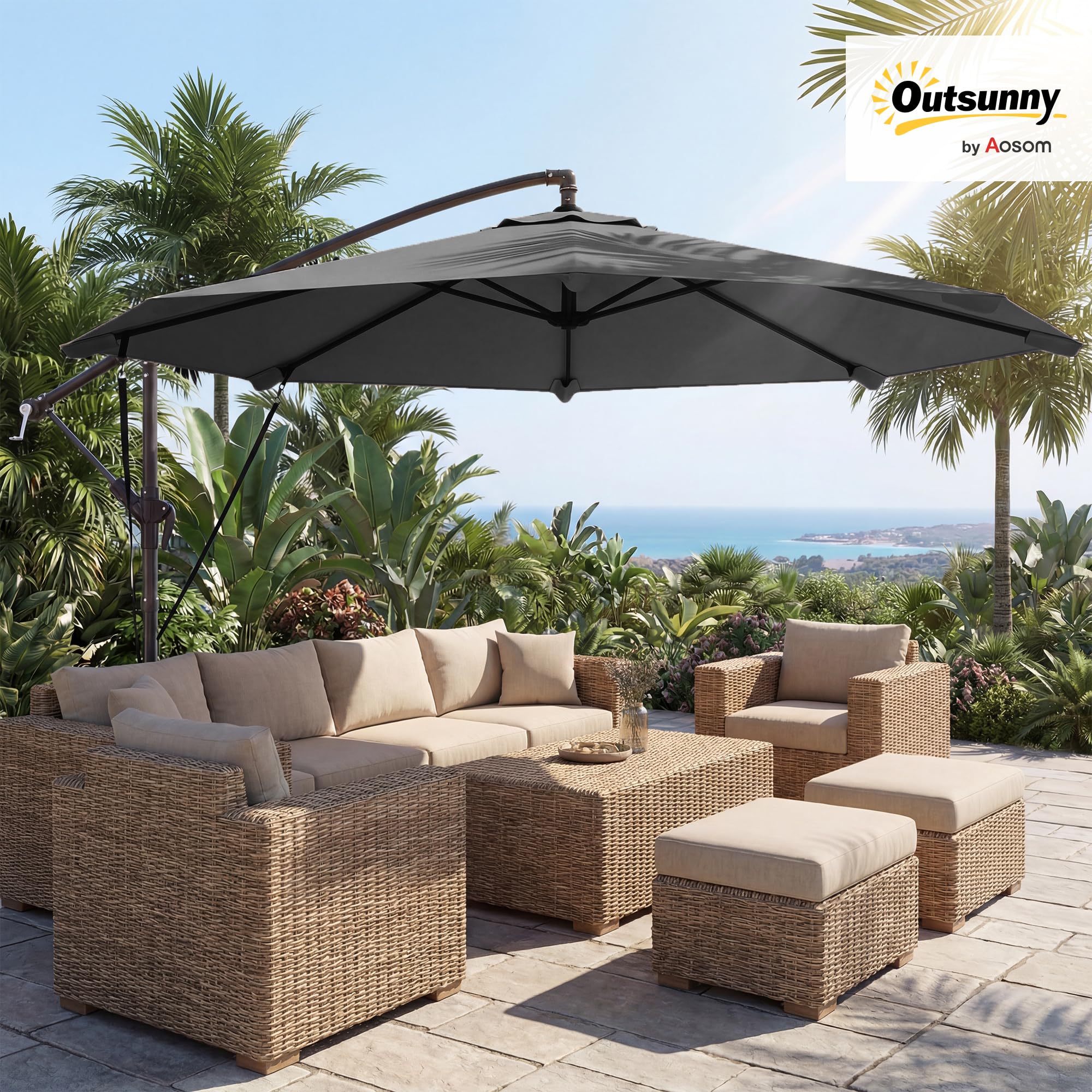 Outsunny Ampelschirm ca. Ø300 cm Neigbar Sonnenschirm mit Kurbel Kreuzfuß Windseilen Schutzhülle, UV-Schutz Wasserabweisend Gartenschirm Marktschirm Kurbelschirm