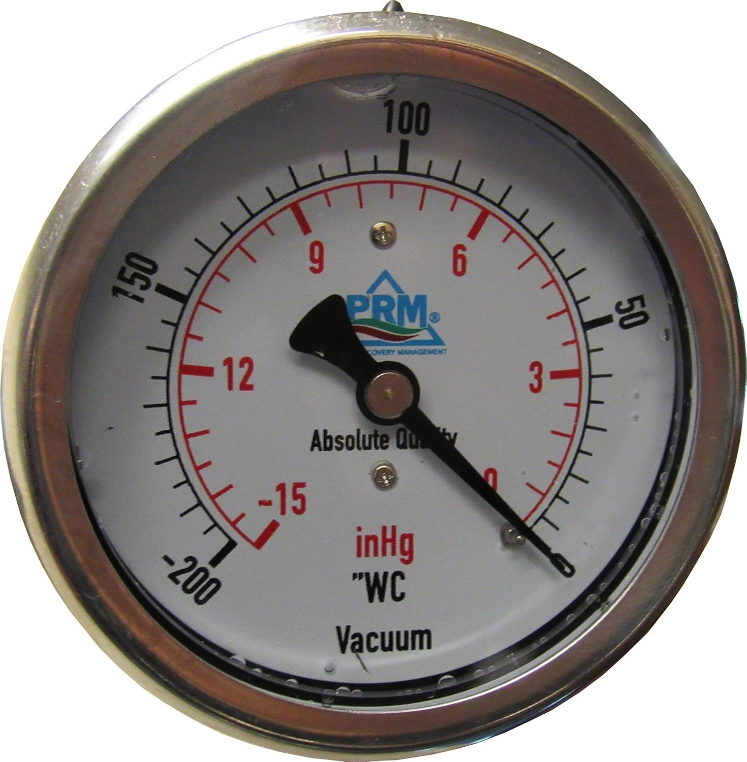 PRM Vacuum Gauge 0 to -200” WC / 0 to -15 inHg, 2.5 Inch Stainless Steel Case, Brass Internals, 1/4 Inch NPT Back Mount, Liquid Filled for Air & Water Systems, Accurate ±1.5%