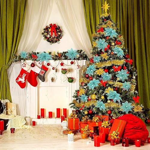 Vista 4 de 24 piezas de adorno de árbol de Navidad de Nochebuena con brillantina. Adorno de decoración de flores de Navidad. 3, 4 y 6 pulgadas / 7.62, 10.16