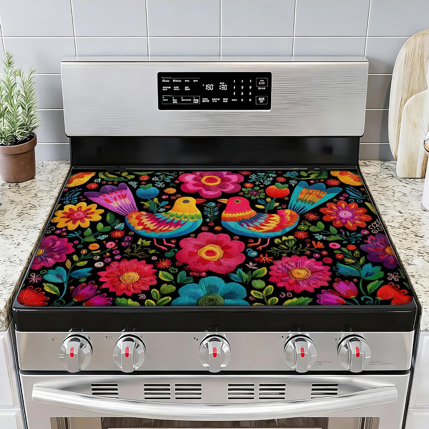 Electric Stove Top Cover, Bird Mexican Floral Stove Top Covers for Electric Stove, 28"x20" Heat Resist Kitchen Glass Stove Mat Decor Cooktop Ceramic Mat Gas Stove Pad