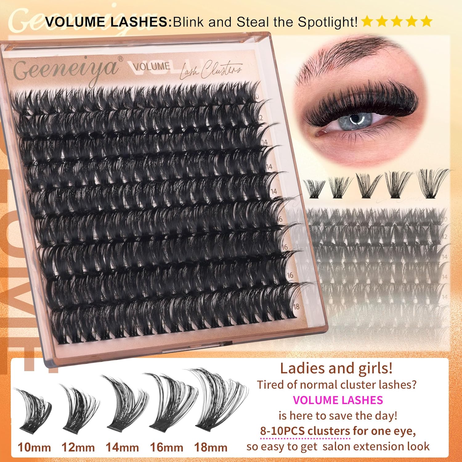 Geeneiya 5 Styles Lash Clusters Kit, Volume/Mega/Full/Bottom Eyelash Clusters Extensions with Lash Bond and Seal, Remover and Lash Extension Tools for Beginners and Proficient, DIY at Home Easily