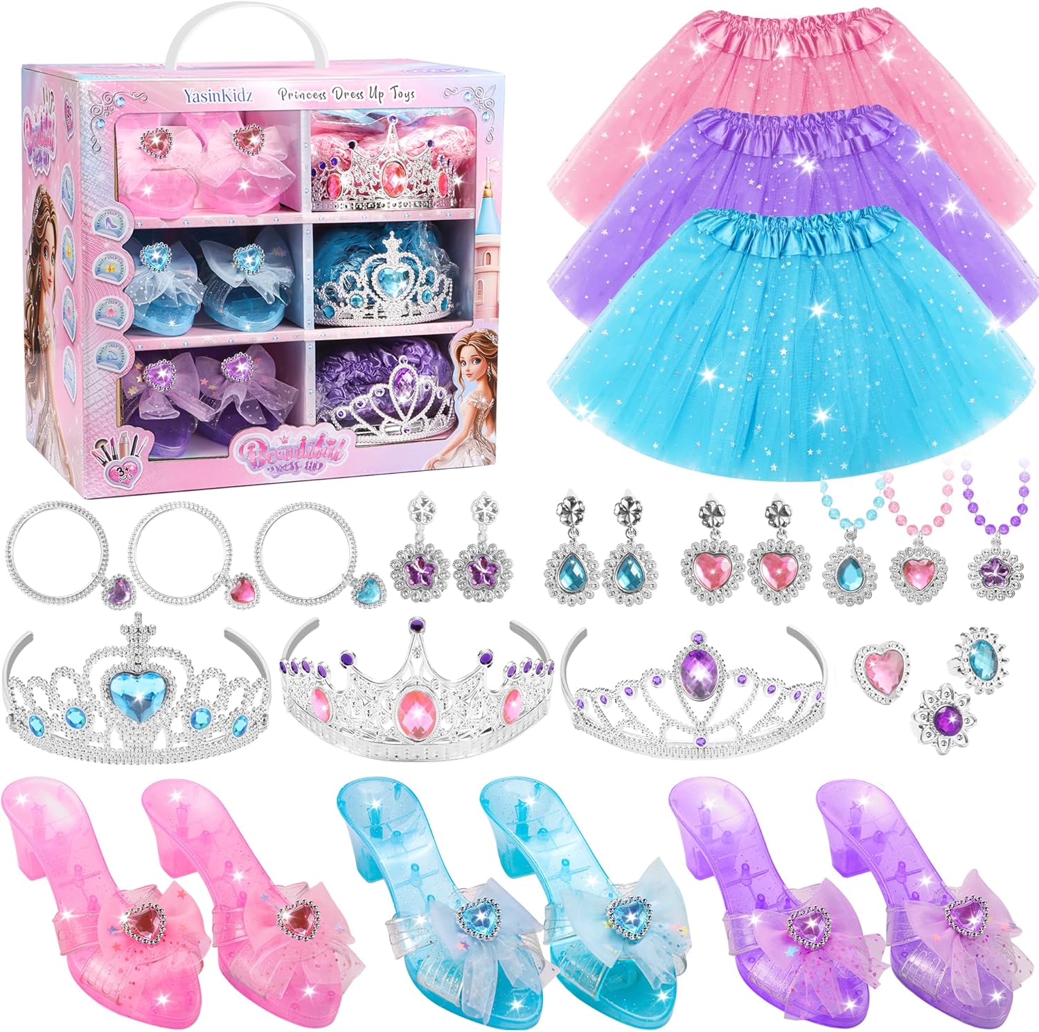Princess Dress Up Toys & Washable Kids Makeup, Jewelry Boutique Kit, 3 Color Skirts, Shoes, Crowns, Girls Toys for 3 4 5 6 Year Old