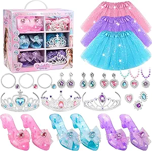 Princess Dress Up Toys, Jewelry Boutique Kit, 3 Color Skirts, Shoes, Crowns, Girls Toys for 3 4 5 6 Year Old