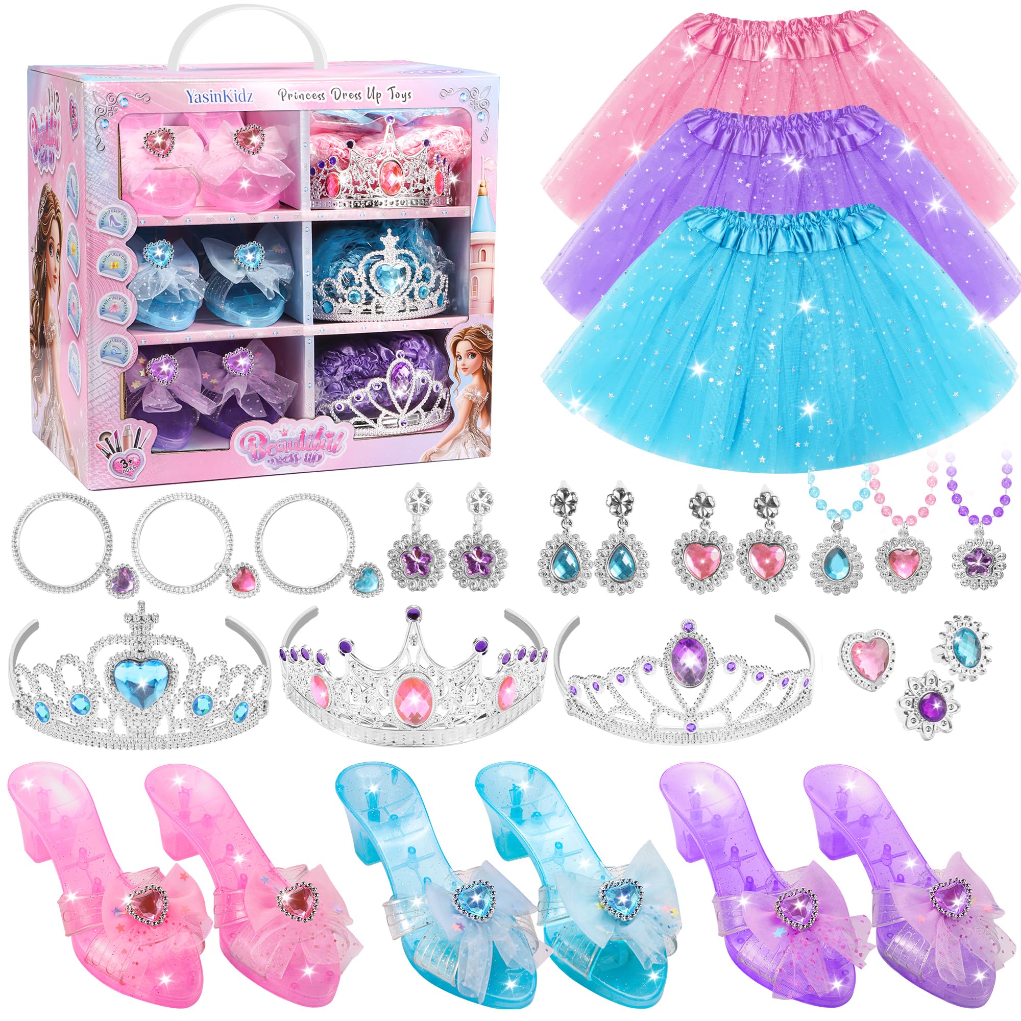 Princess Dress Up Toys & Washable Kids Makeup, Jewelry Boutique Kit, 3 Color Skirts, Shoes, Crowns, Girls Toys for 3 4 5 6 Year Old