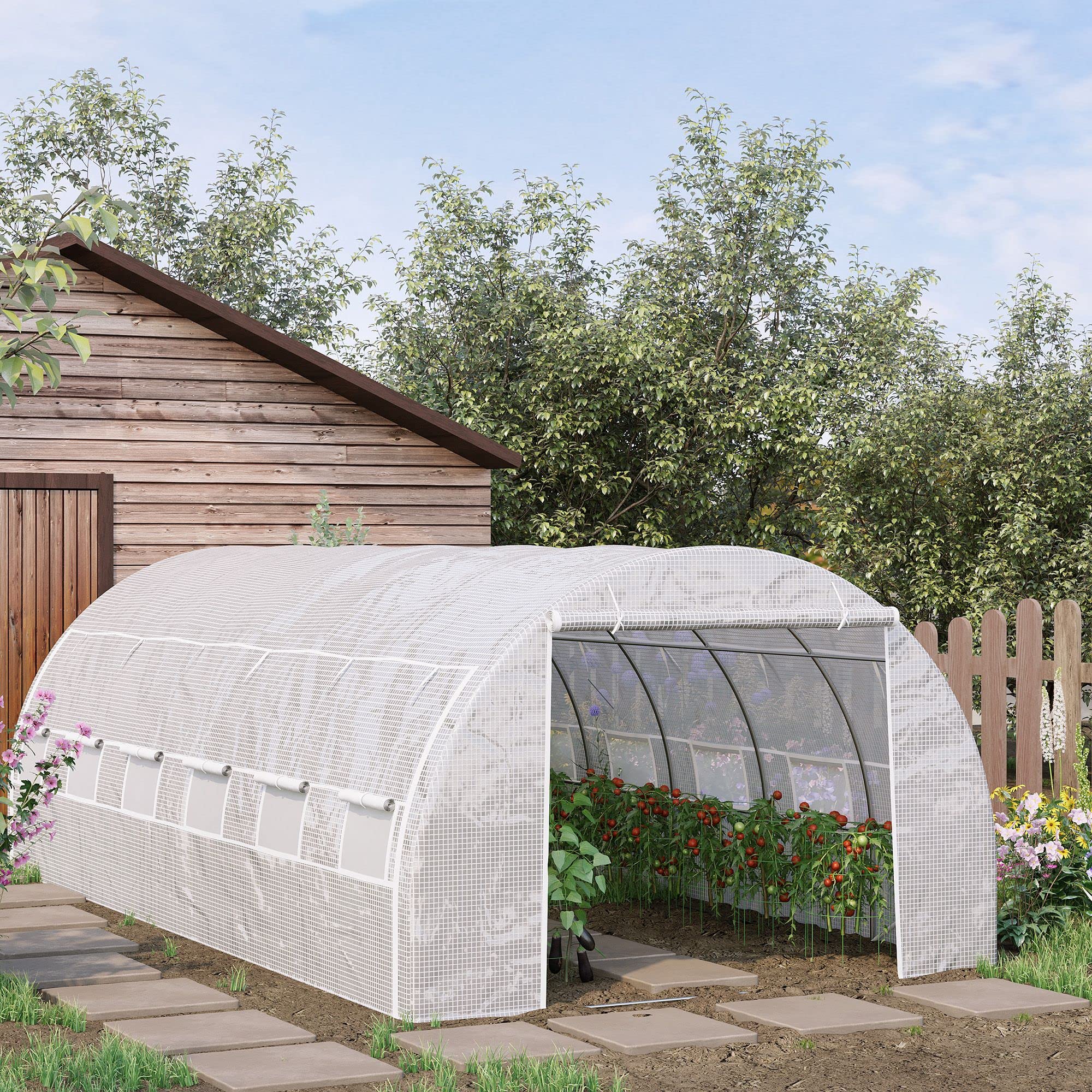 Outsunny Serra da giardino 18 m² dom. 6L x 3L x 2H m con porta + pareti laterali con cerniera arrotolabili, 12 finestre, acciaio PE ad alta densità 140 g/m² anti-UV, bianco