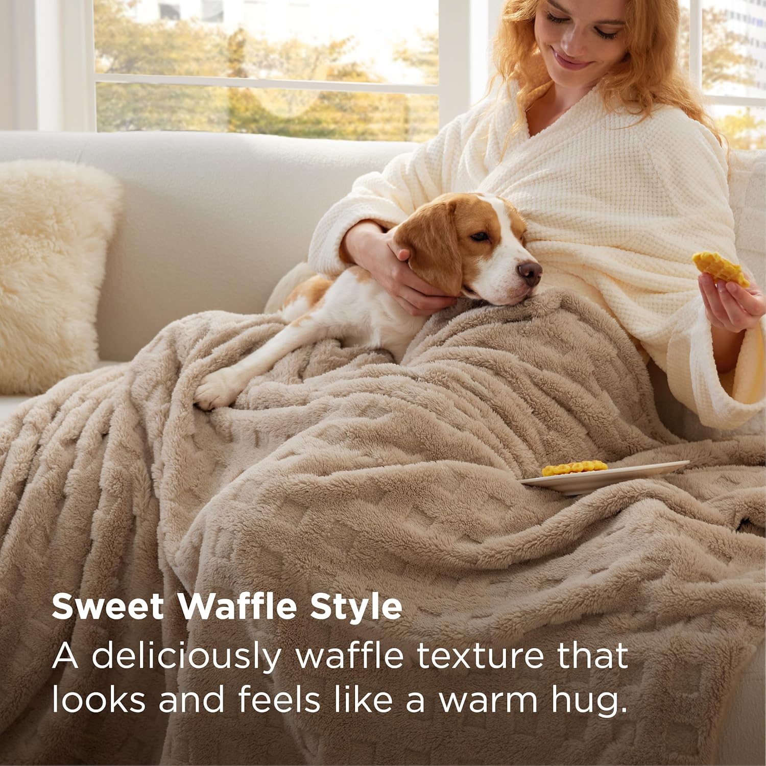 Bedsure Waffle Couch Throw Blanket - GentleSoft Fleece Cozy Blanket for Sofa Bed Room Decor, Super Fluffy Checkered Throw for Women Girls, Warm Cute All Season Gift, Tan, 50x60 Inches - Image 2