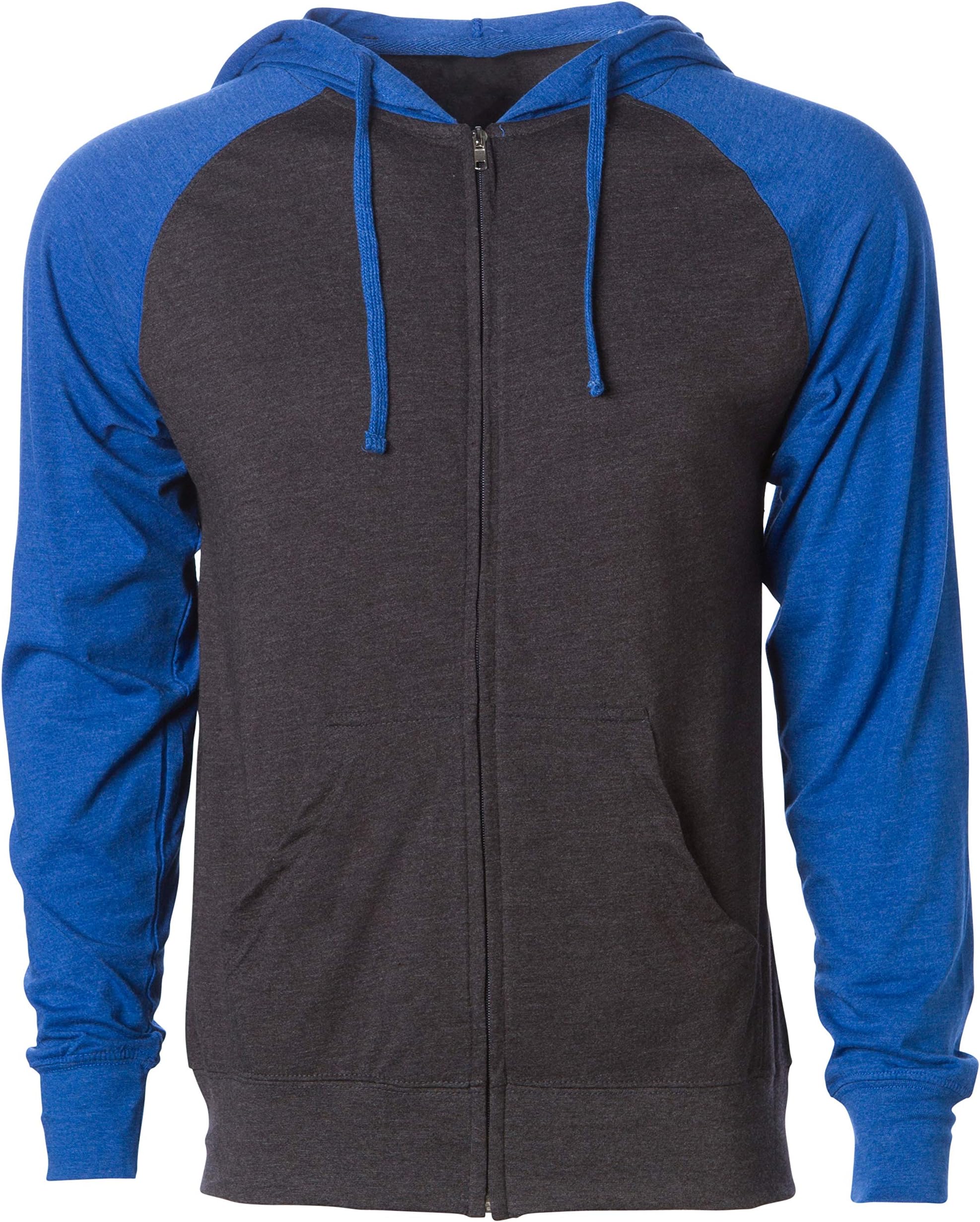 Long Sleeve T Shirt Men Jacket with Hood Full Zip Dark Grey Royal Blue Small