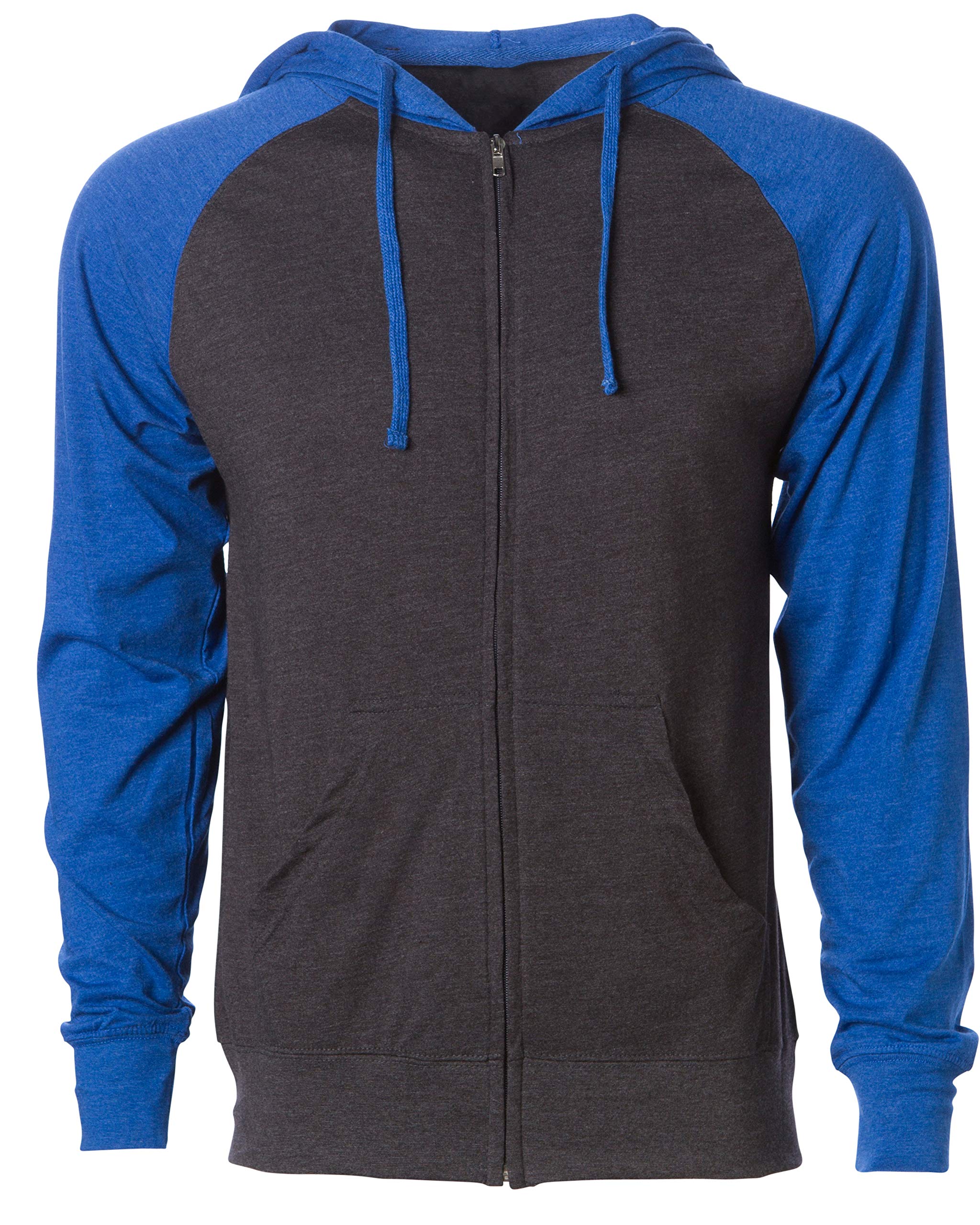 Long Sleeve T Shirt Men Jacket with Hood Full Zip Dark Grey Royal Blue Small