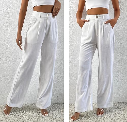 Miniatura 2 de heipeiwa Pantalones de mujer de lino casual de cintura alta de pierna ancha estilo recto de algodón y lino con botones