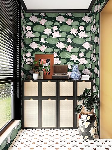 Miniatura 7 de Yasinet Papel tapiz floral vintage para despegar y pegar, papel de contacto de flor de loto verde oscuro, papel de contacto extraíble, 16.1 x 196.8