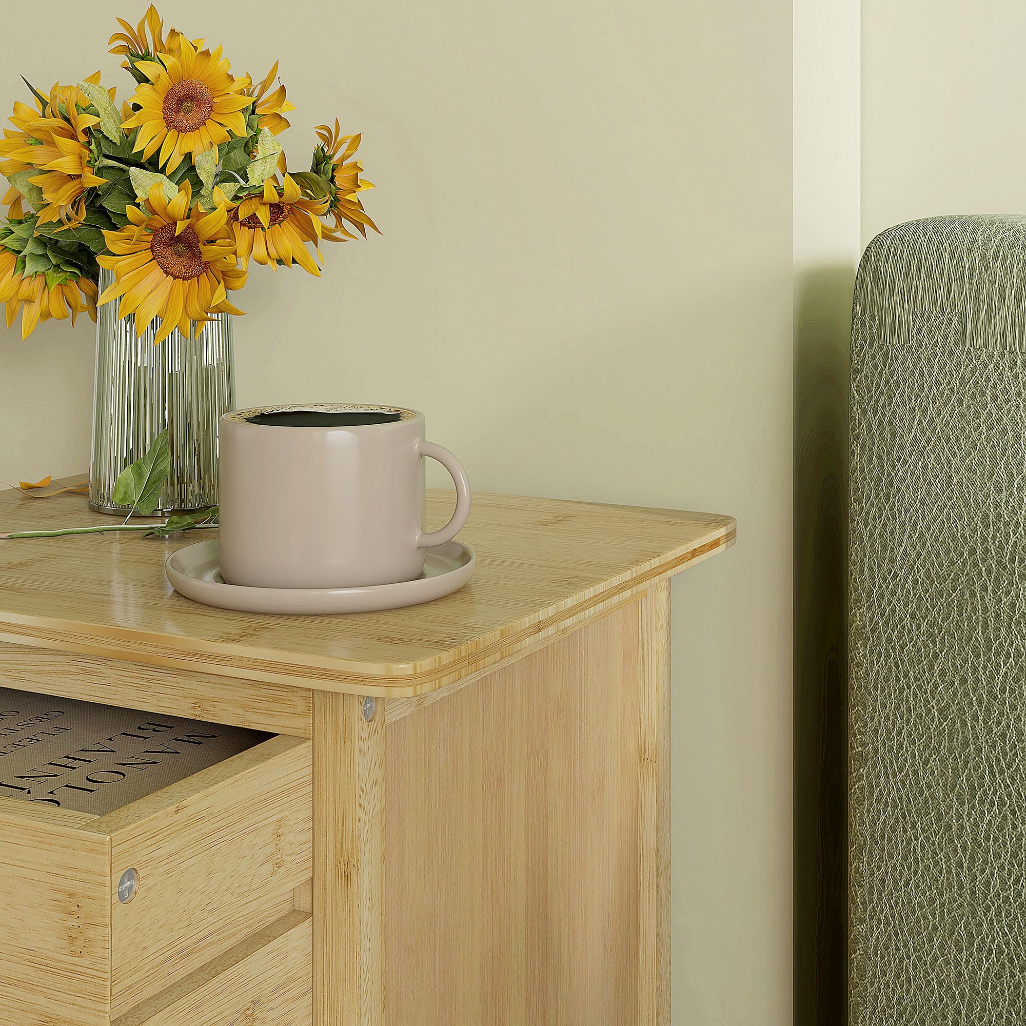 HOMCOM Set 2 Comodini con 2 Cassetti e Ripiano, 40x34x60 cm, Color Legno | Ripiano Inferiore, Stile Nordico, Comodini Moderni in Bambù
