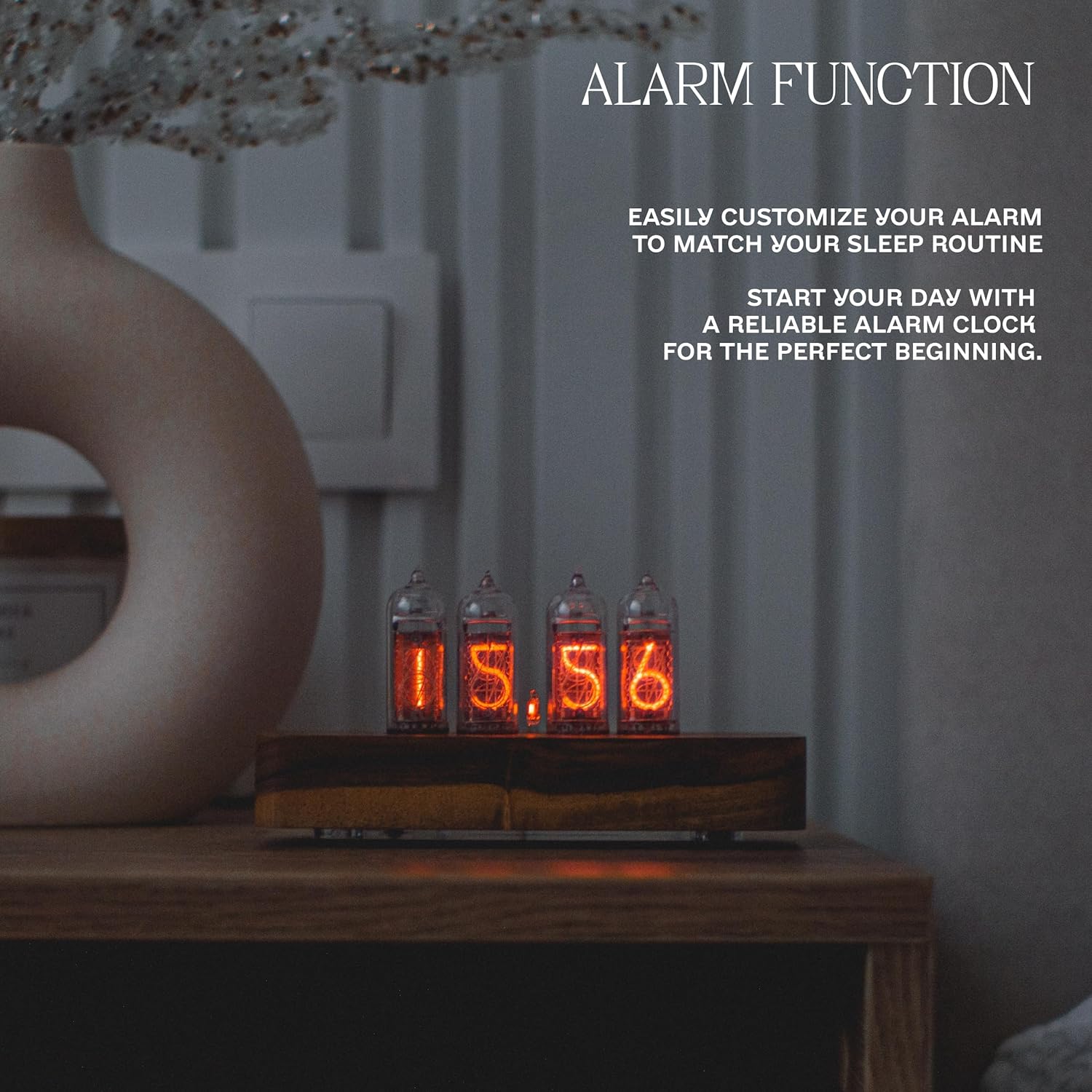 Nixie Star Authentic Nixie Tube Clock Bundle with Spare Nixie Tube, Motion Temperature Humidity Sensors, Dual RGB LED Backlight, Alarm Clock, Visual Effects (Walnut Rounded, IN-14)