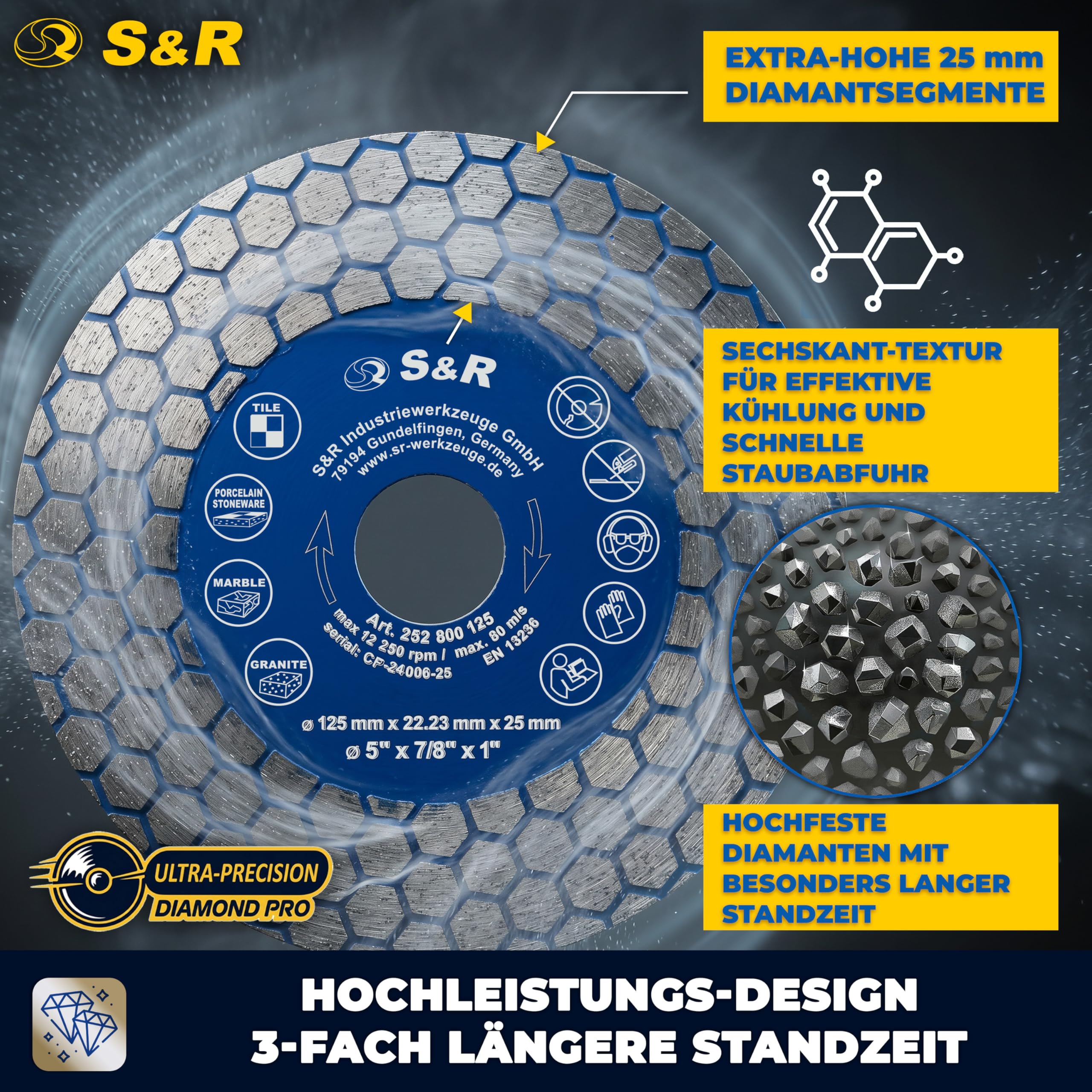S&R Diamentowa tarcza tnąca, tarcza do cięcia 125 mm, tarcza diamentowa 125 mm, tarcza kamienna, 125 mm diamentowa tarcza tnąca 125 x 22,23/25 x 1,7 mm do porcelany, gresu, twardych płytek, kamienia