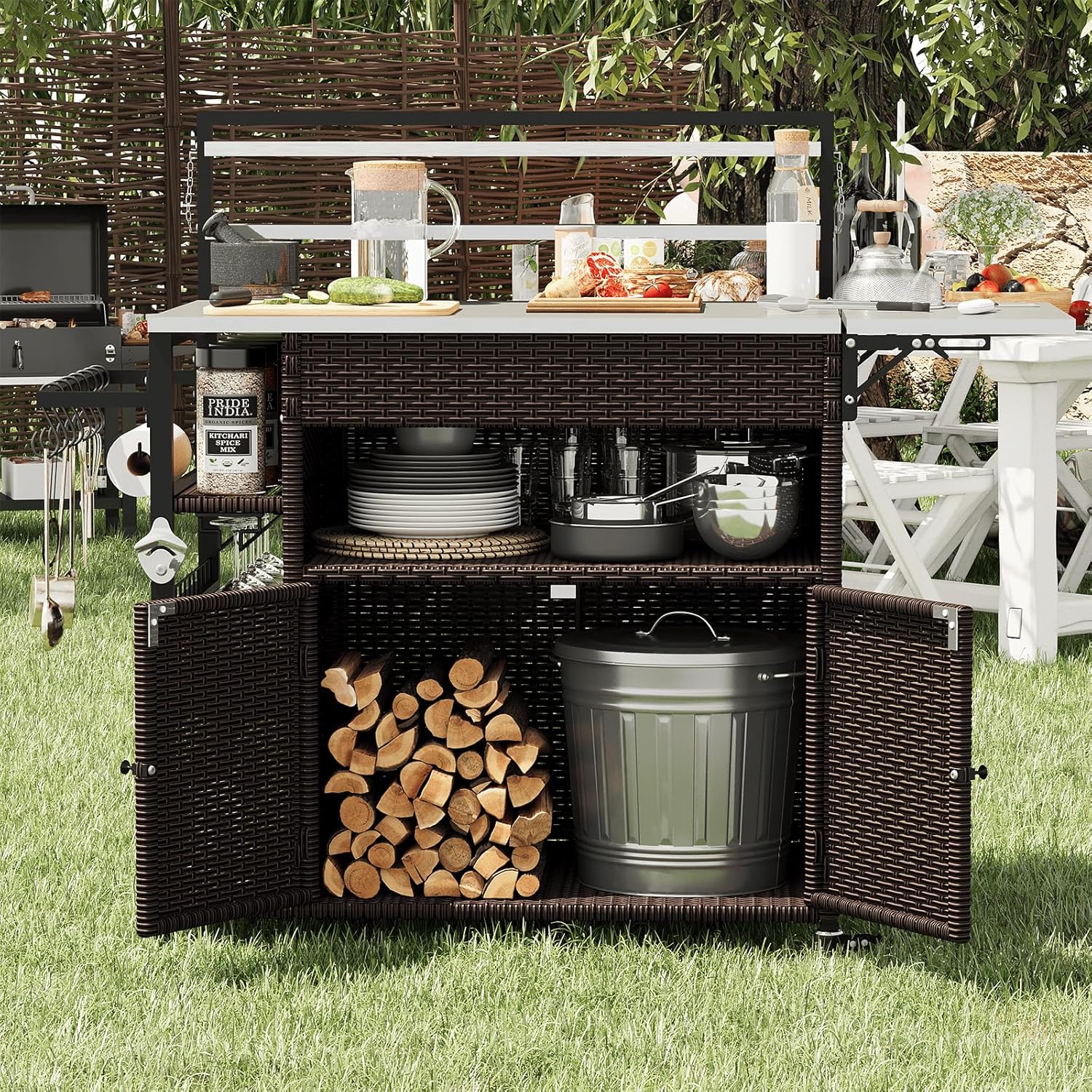 AECOJOY Outdoor Grill Table with Storage, Wicker Kitchen Island Grill Cart with Cabient and Movable Wheels and Spice Rack, Stainless Steel Prep Top Table for Outside BBQ Backyard