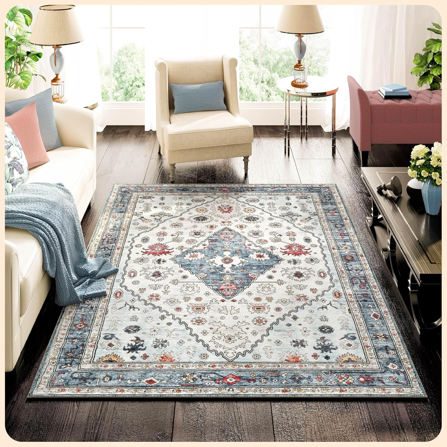 Istana 3x5 Washable Rug Blue Cream Area Rug Foldable Small Area Rugs 3x5 Non