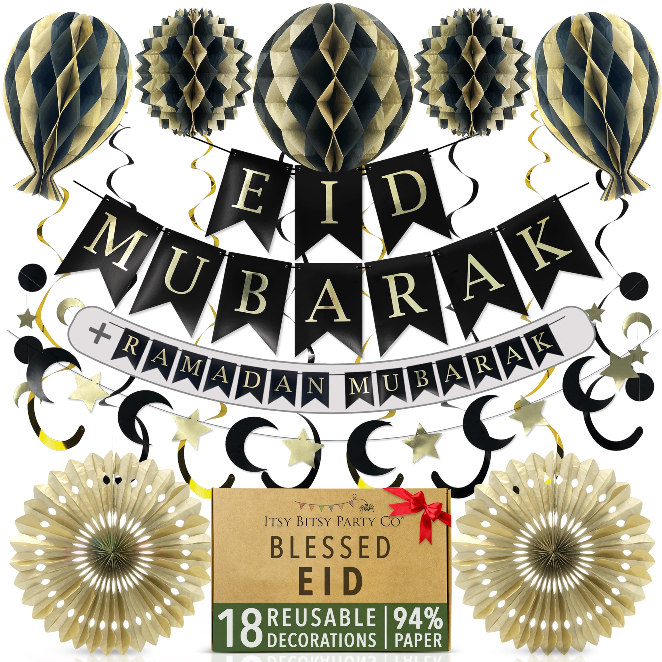 Premium Reusable Ramadan Decorations for Home - Eid Decorations - 3-in-1 Banner spells Eid Mubarak, Ramadan Mubarak & Ramdan Kareem - Fast Assembly with Velcro (Black & Gold)