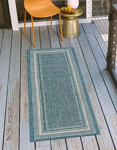 Vista 213 de Unique Loom - Colección Outdoor Border - Tapete para exteriores de borde suave - 5 pies 3 pulgadas x 8 pies, rectangular, azul/marfil azu/marfil