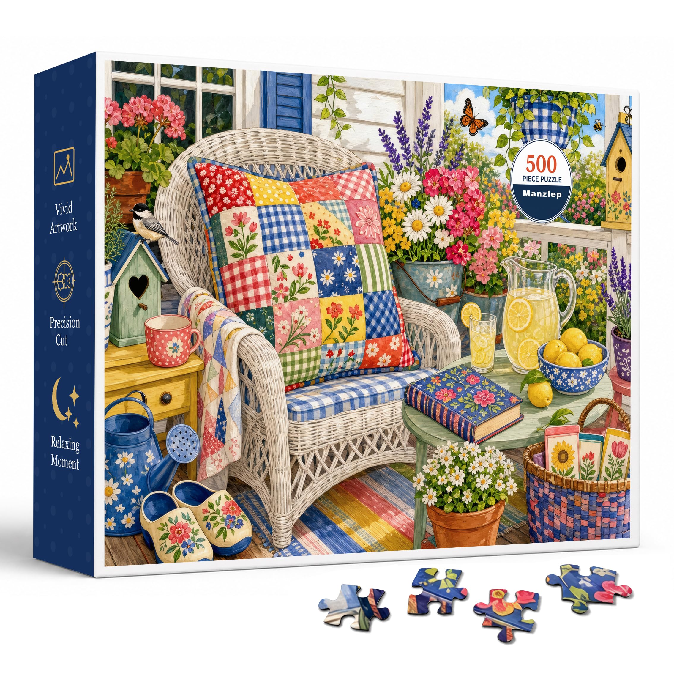 Cottage Porch Garden 500 Piece Jigsaw Puzzle for Adults, Colorful Spring Veranda with Wicker Chair, Patchwork Pillow, Lemonade, Blooming Flowers, Birds, Butterfly, and Country Cottage Charm Art