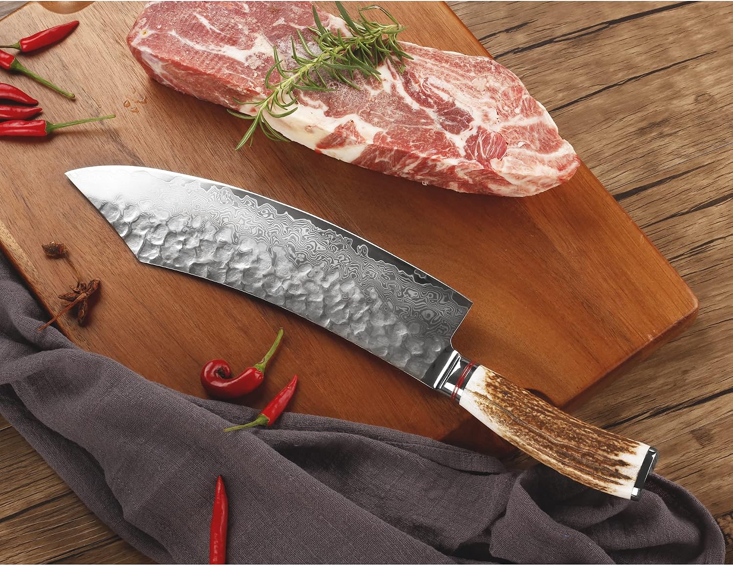 SUNLONG Hybrid Cleaver & Butcher Knife 25.40 cm (10 inch) Razor-sharp Professional Knife - Japanese Hammered VG10 Damascus Steel - Ergonomic Antler Handle with Leather