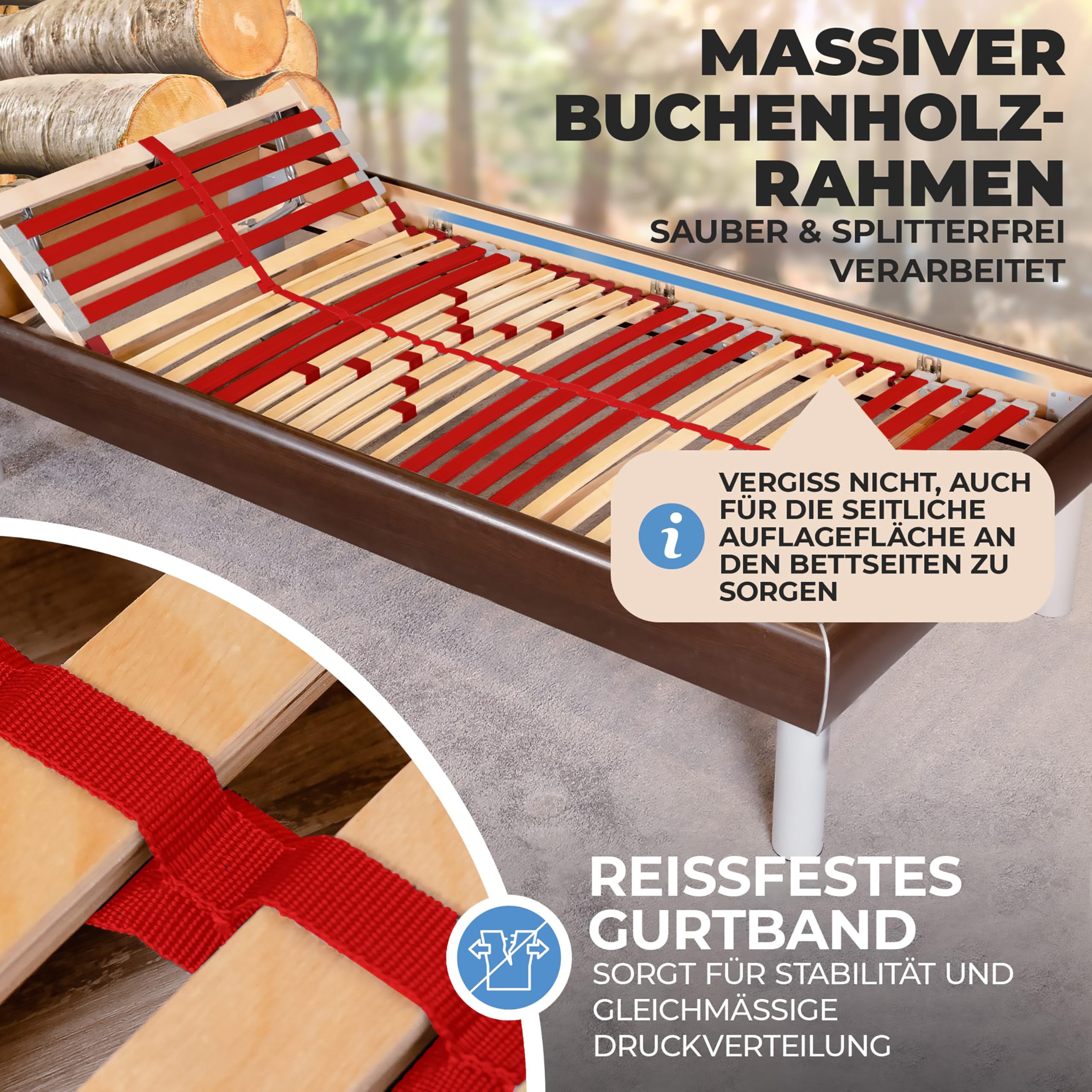 Coemo Lattenrost Ruby K 140 x 200 cm 7-Zonen 28 Leisten Kopfteil und Härtegrad verstellbar für Jugendbetten - für alle Matratzenarten | Schlaftypen