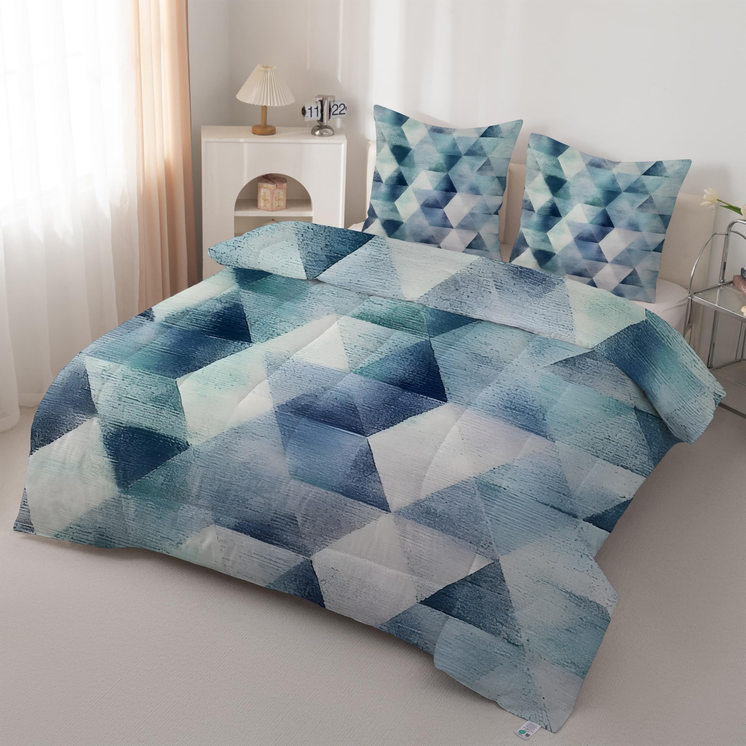Edredón Nórdico Cama 80 Geometría Patchwork- Edredón Reversible Ligero y Suave, Diseño RetroRelleno Nórdico 4 Estaciones 135x200 cm y 2 Fundas de Almohada 50x75 cm AX-346