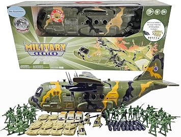 Military 21-Inch Cargo Plane C130 Bomber Combat Air Force 20 Bombs, 12 Military Army Vehicles, and 50 Pieces Army Men Soldiers