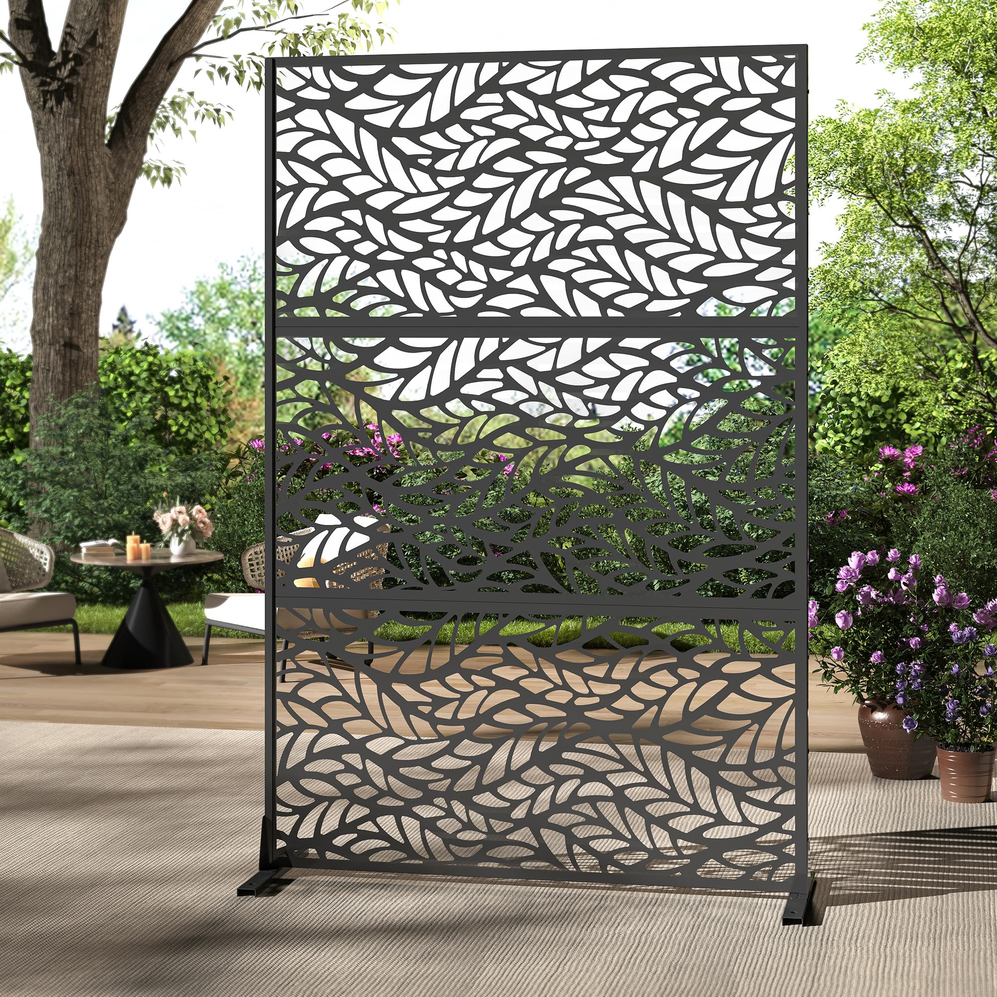 Aptliton Modern Metal Privacy Screen Outdoor – Laser Cut Decorative Fence Panel, Rustproof Galvanized Steel, Freestanding Partition with Stand, Dancing Leaves Design – Patio, Garden, Deck, Balcony –