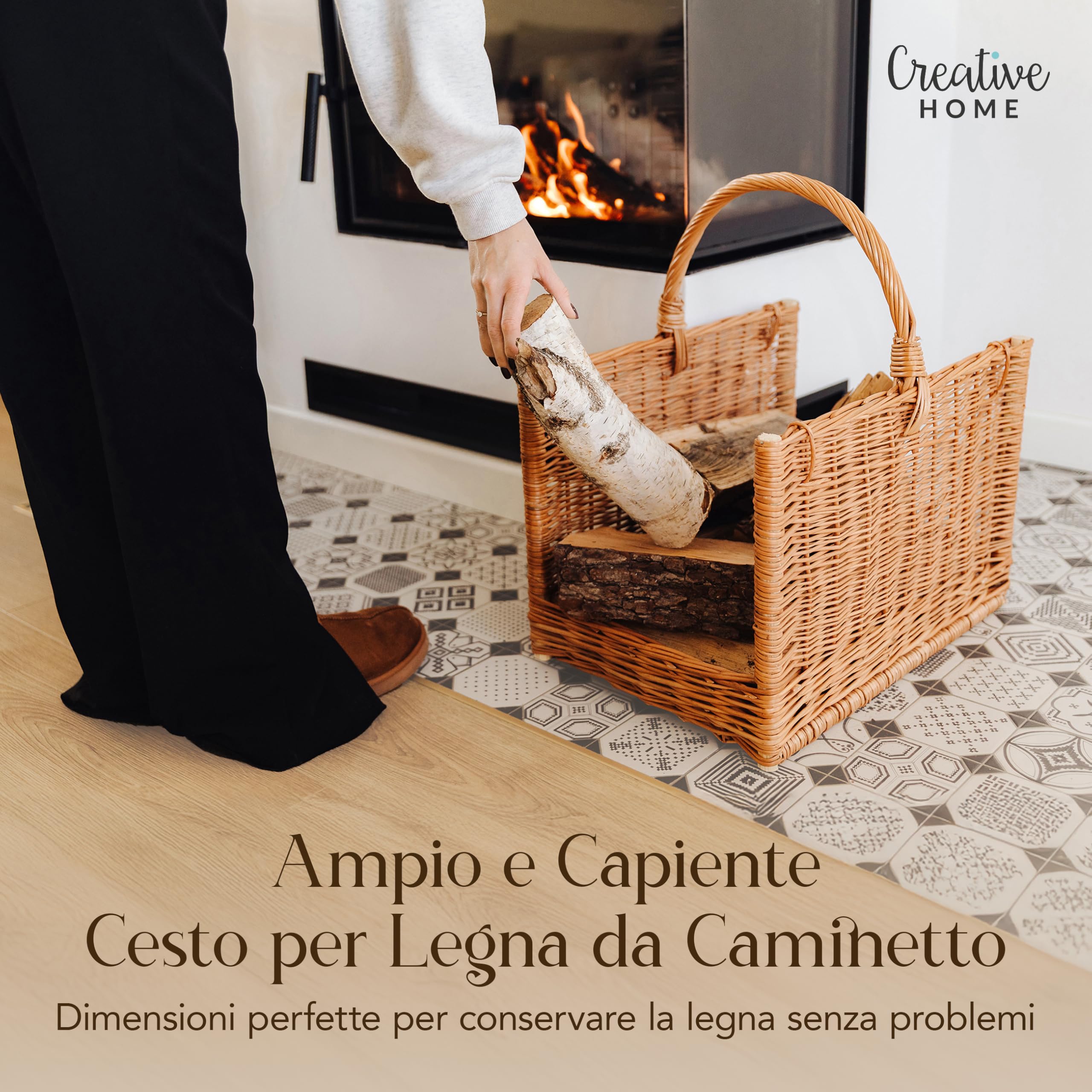 Creative Home Cesto Portalegna da Interno con Manico, Porta Legna in Vimini | Grande Cesto Vimini Rettangolare 50x34x50 cm Leggero | Intrecciato a Mano | Salice Naturale | Multiuso