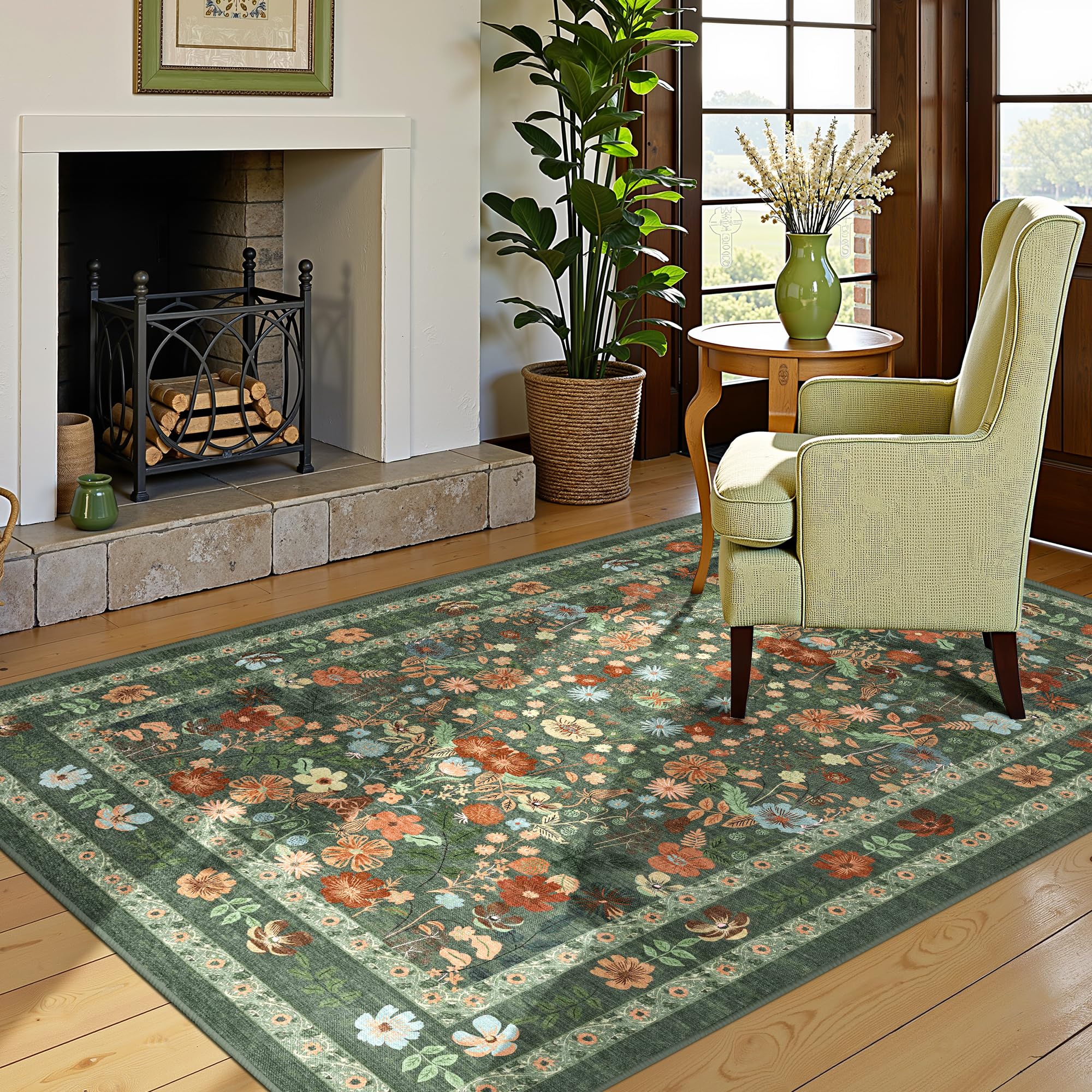Deerly Green Floral Area Rug
