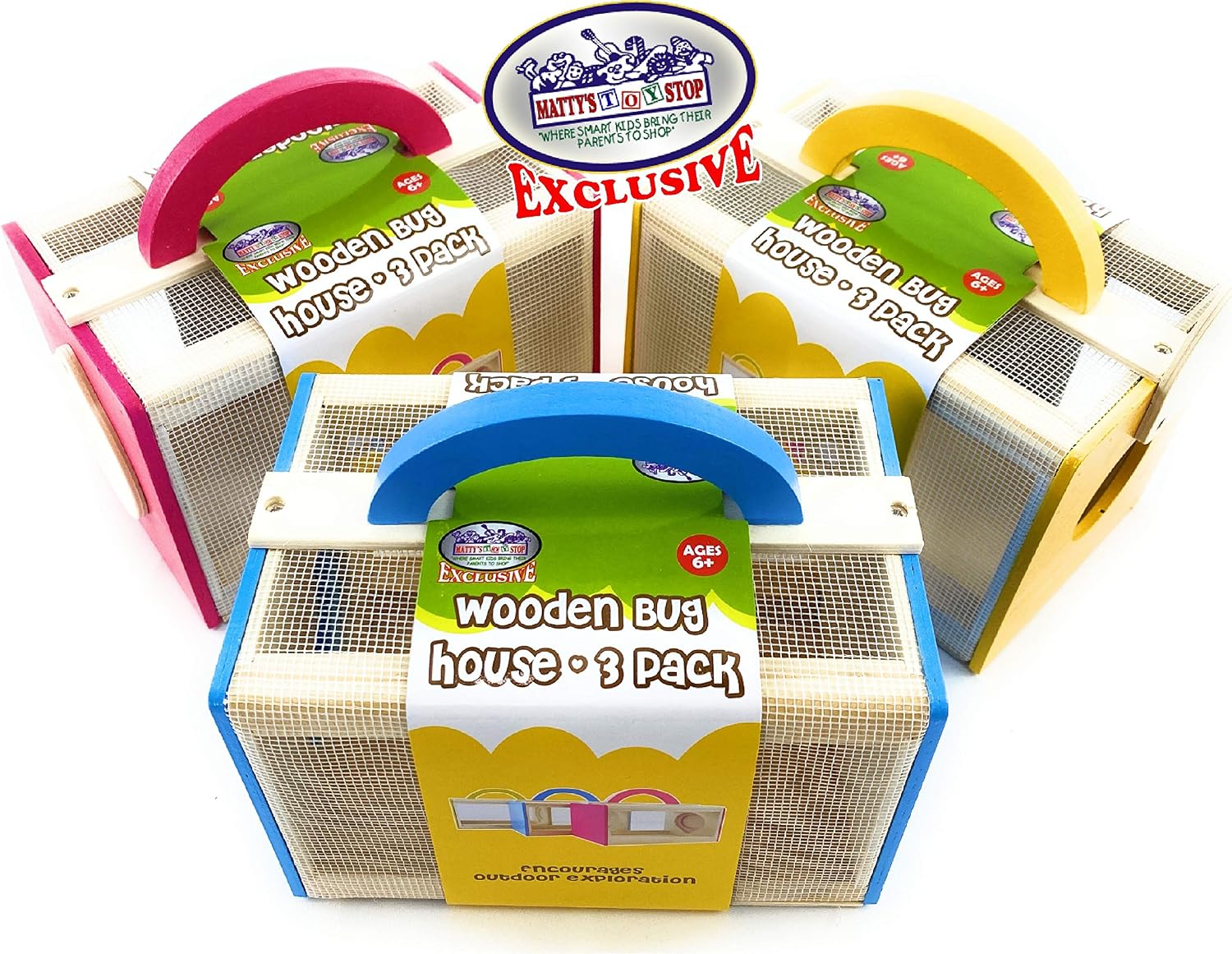 Matty's Toy Stop Wooden Bug House Insect Critter Cages with Handles in Blue, Red & Yellow (3 Pack)